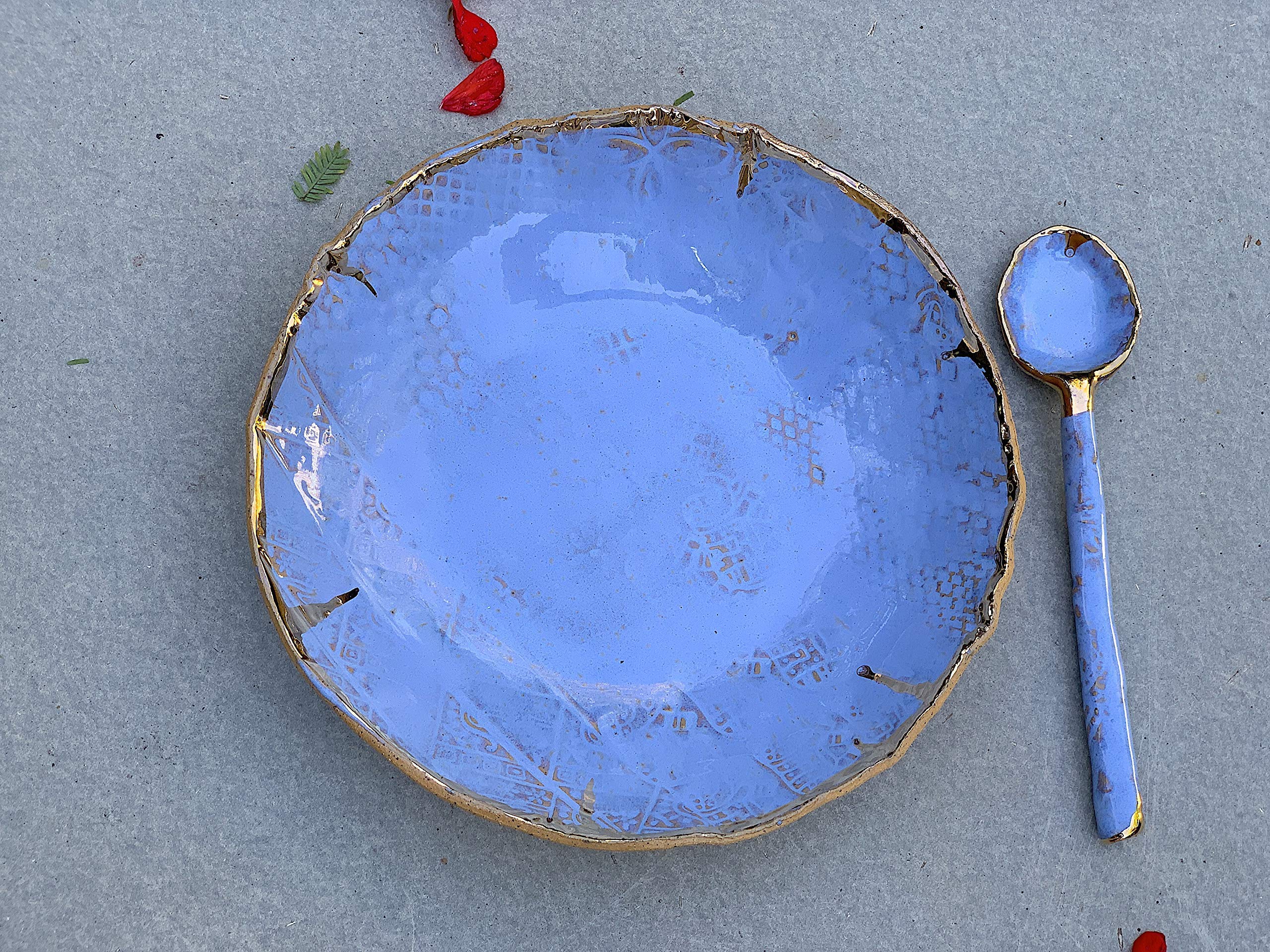 Handmade Ceramic Blue Gold and Brown Clay Bowl and Spoon Set - Artisan Kitchen Serving Dish for Soup, Salad, Dips, Cereal - Perfect for Dining, Gifts & Home Decor