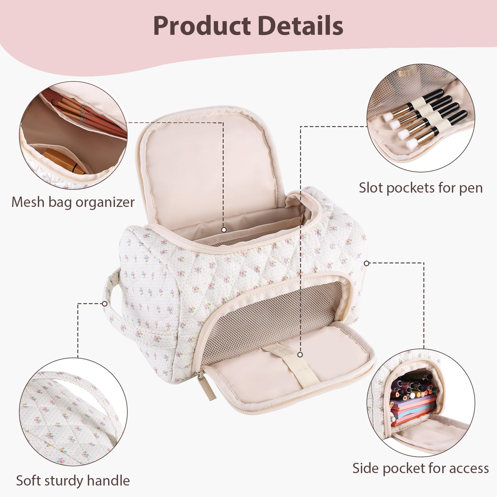 Lushandy Cute Floral Makeup Bag for Women, Large Quilted Puffer Cosmetic Organizer - Coquette Aesthetic Travel Toiletry Bag for Makeup Brushes & Essentials | Perfect for Travel, Gym & Daily Use