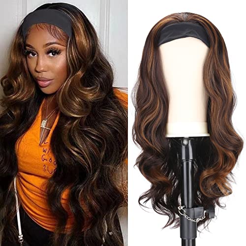 Petelf 26 Inch Glueless Body Wave Headband Wig - 180% Density Synthetic Hair Wavy Wig with Black & Brown Ombre Highlights for Black Women | Natural Looking Half Wig for Daily Wear, Parties & Special Occasions