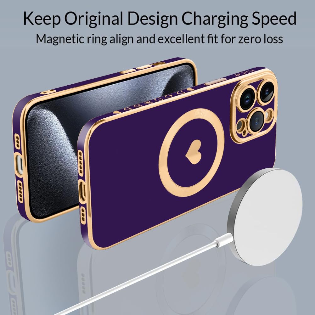 Magnetic iPhone 15 Pro Max Case with Magsafe Compatibility - Luxury Plating Edge Bumper & Full Camera Protection, Cute Love Design in Purple (6.7 Inch) - Perfect for Everyday Use, Travel & Wireless Charging