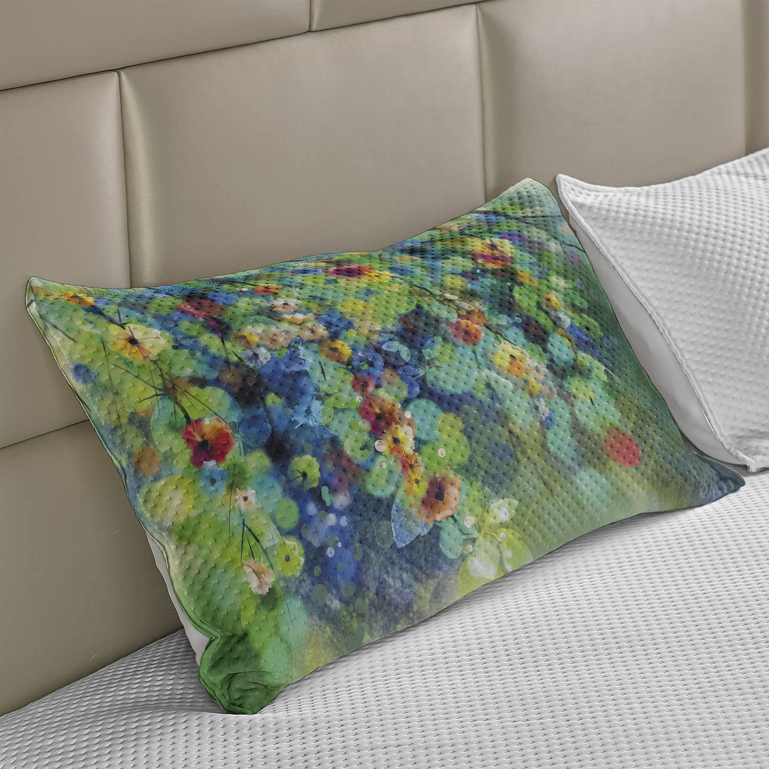 Ambesonne Floral Knitted Quilt Pillow Cover - Vibrant Spring Bloom Design in Green & Blue, Standard Queen Size 30x20 Inches - Perfect for Bedroom Decor, Sofa Throw Pillow or Seasonal Home Accent