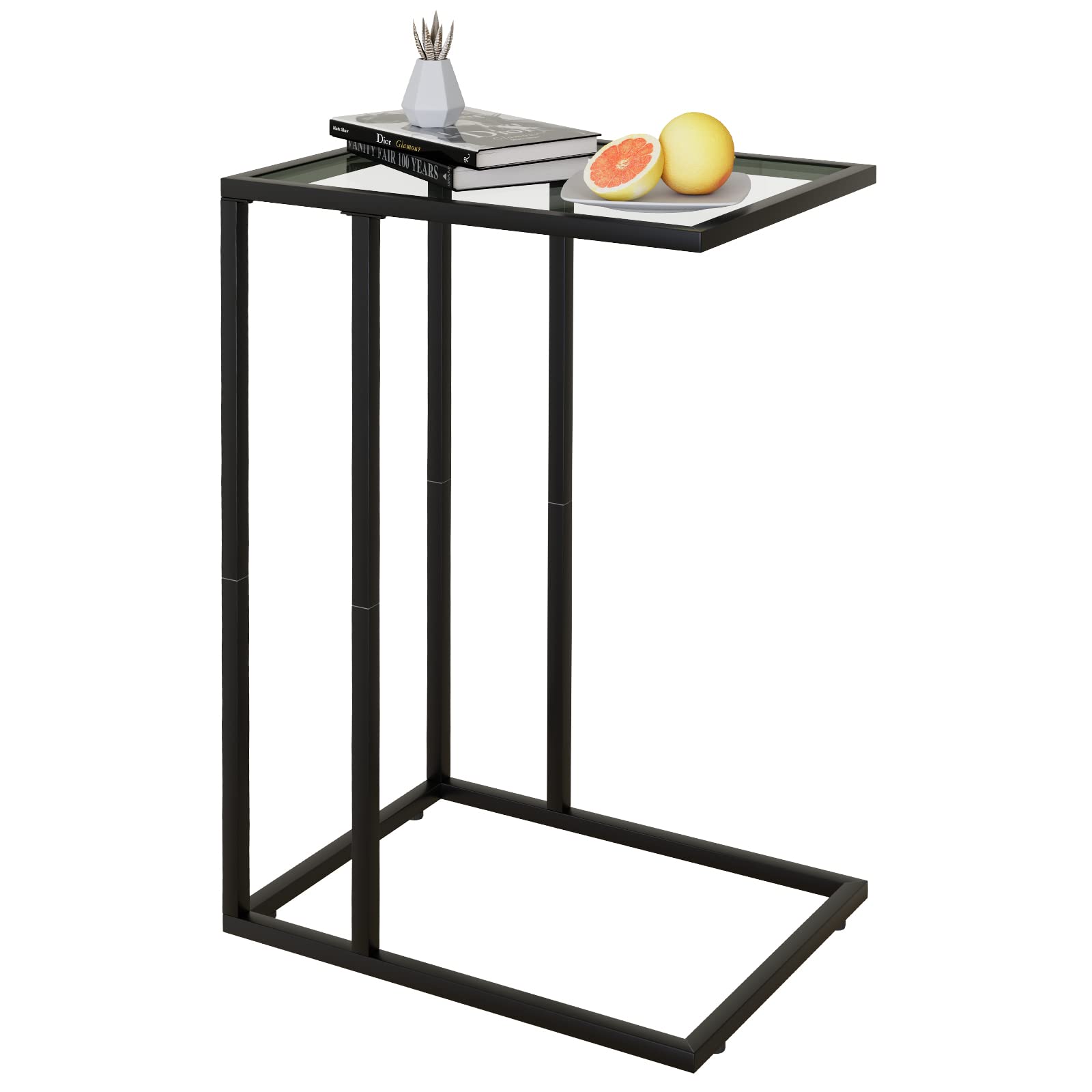 Black Tempered Glass C Table End Table - Metal Frame Snack Side Table for Couch, Sofa & Bed - Space-Saving TV Tray for Small Spaces | Perfect for Living Room, Bedroom & Home Office Use