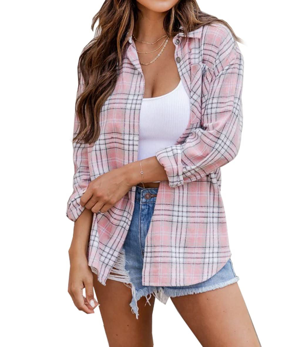 NUOREEL Women's Plaid Flannel Shirt - Soft Button Down Long Sleeve Boyfriend Shirt for Casual Wear, Fall Fashion & Outdoor Activities