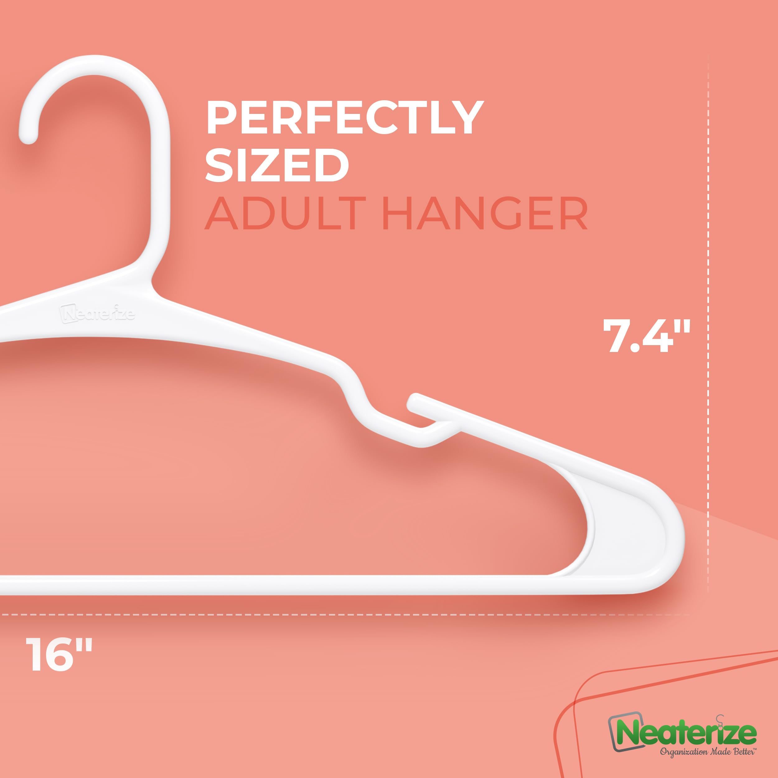100 Pack NEATERIZE Plastic Clothes Hangers for Adults - Space Saving Coat Hangers for Closet Organization, Durable White Garment Hangers (Perfect for Shirts, Pants, Dresses & Jackets) - Ideal for Home, Office & Laundry Room Storage