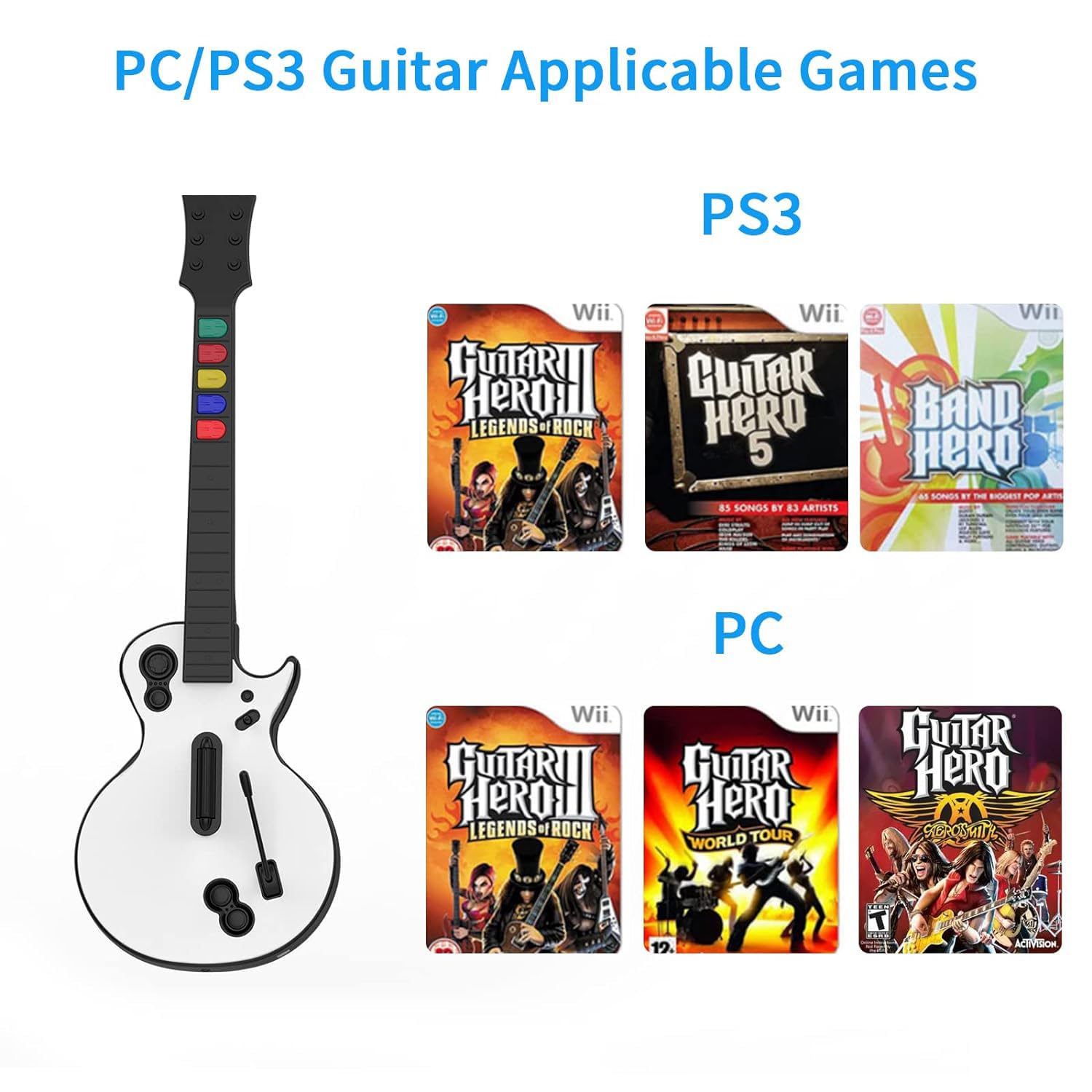 DOYO Wireless Guitar Hero Controller for PC & PS3 - Compatible with Guitar Hero 3/4/5 & Rock Band 1/2 - Includes Straps & USB Dongle, White 5-Key | Perfect for Gaming Parties & Music Rhythm Game Enthusiasts