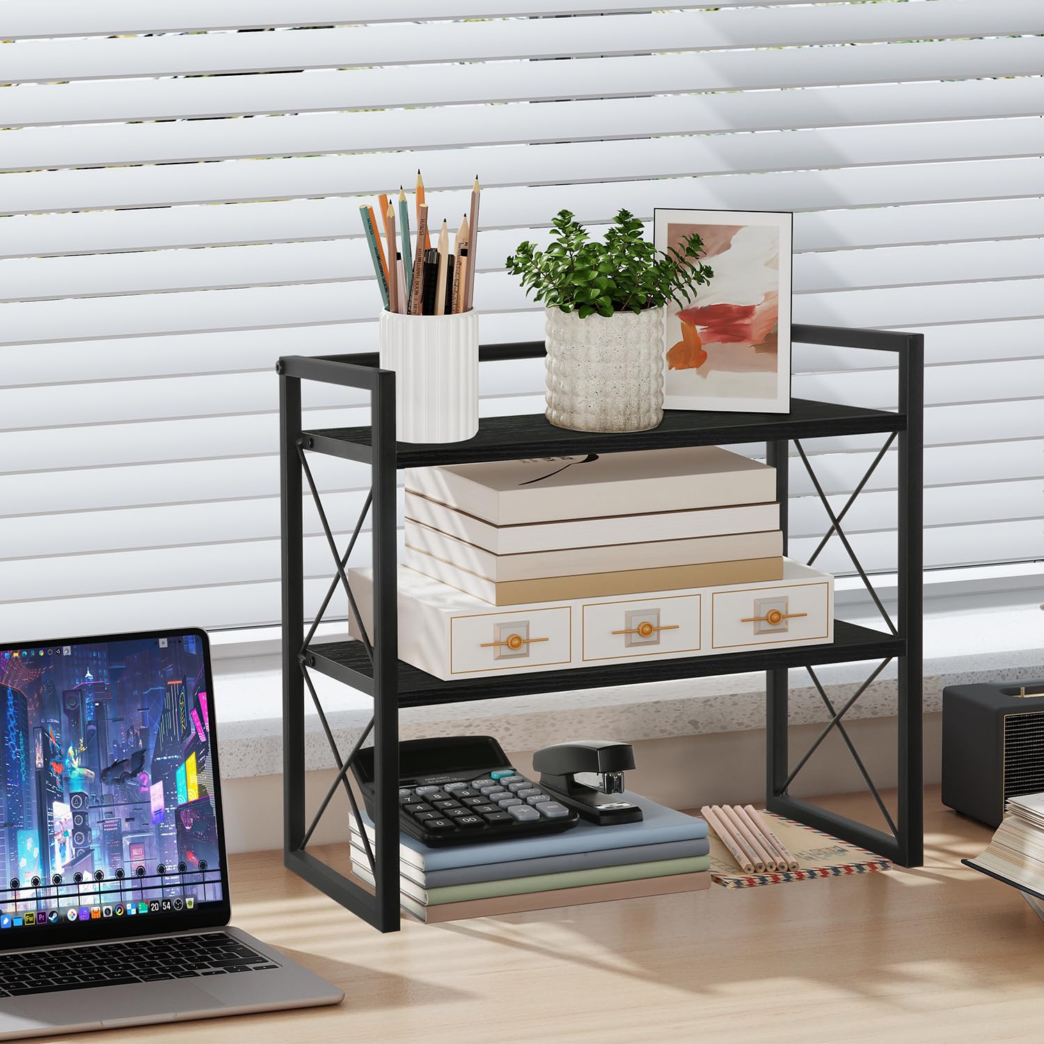 YINMIT 2-Tier Wooden Desktop Shelf Organizer - Black Office Desk Storage Rack & Freestanding Display Shelf for Home, Dorm, Workspace | Perfect for Organizing Books, Supplies & Decor