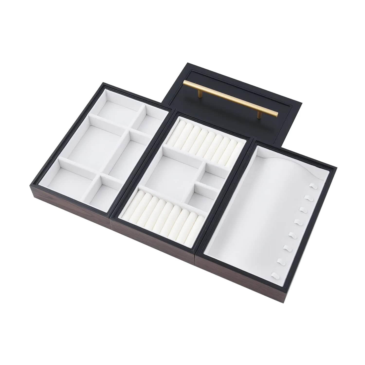 Brown Wooden Walnut Jewelry Organizer - 3-Tier Faux Leather Ring & Necklace Storage Box - Perfect for Home Decor, Bedroom Vanity, and Birthday Gifts