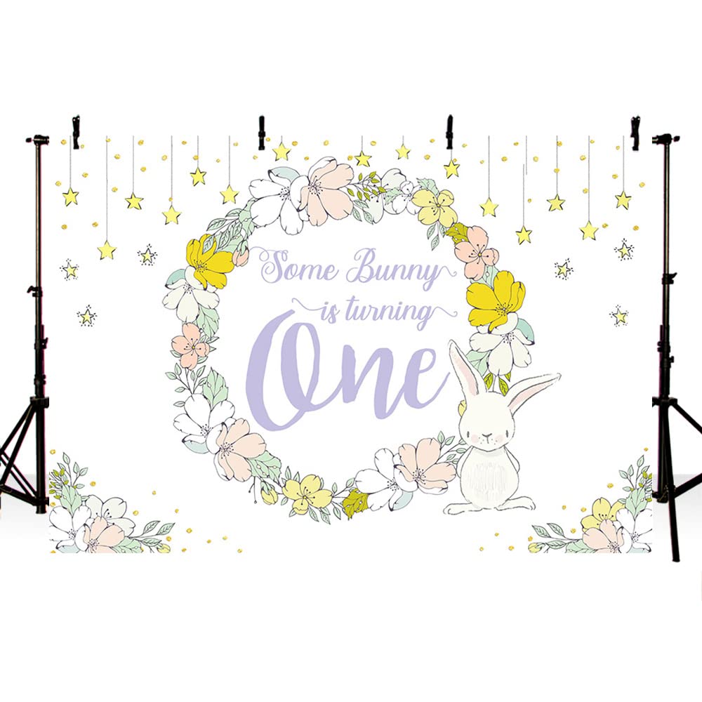 MEHOFOND 7x5ft Spring Girl Bunny Birthday Backdrop - Happy 1st Birthday Easter Rabbit Party Decor with Floral Twinkle Gold Stars - Perfect for Photo Booth Props, Baby Shower & Easter Celebrations
