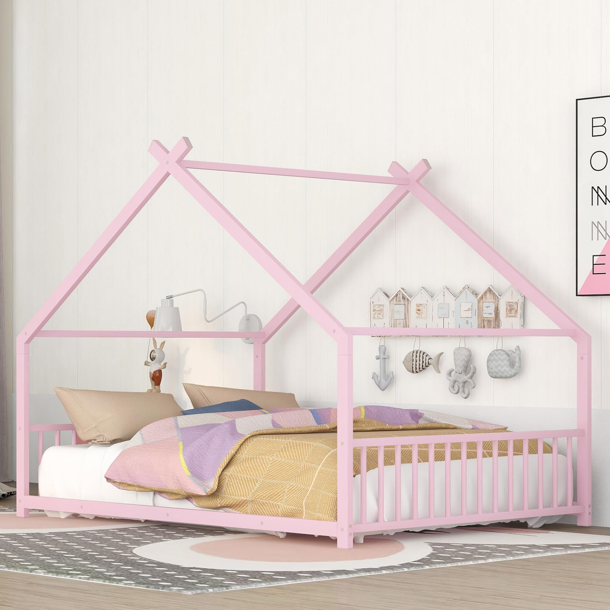 Montessori Full Size Floor Bed Frame with Headboard & Slats - Kids House Bed for Boys & Girls (Pink) | Safe Toddler Bedroom Furniture for Montessori Learning & Play Areas