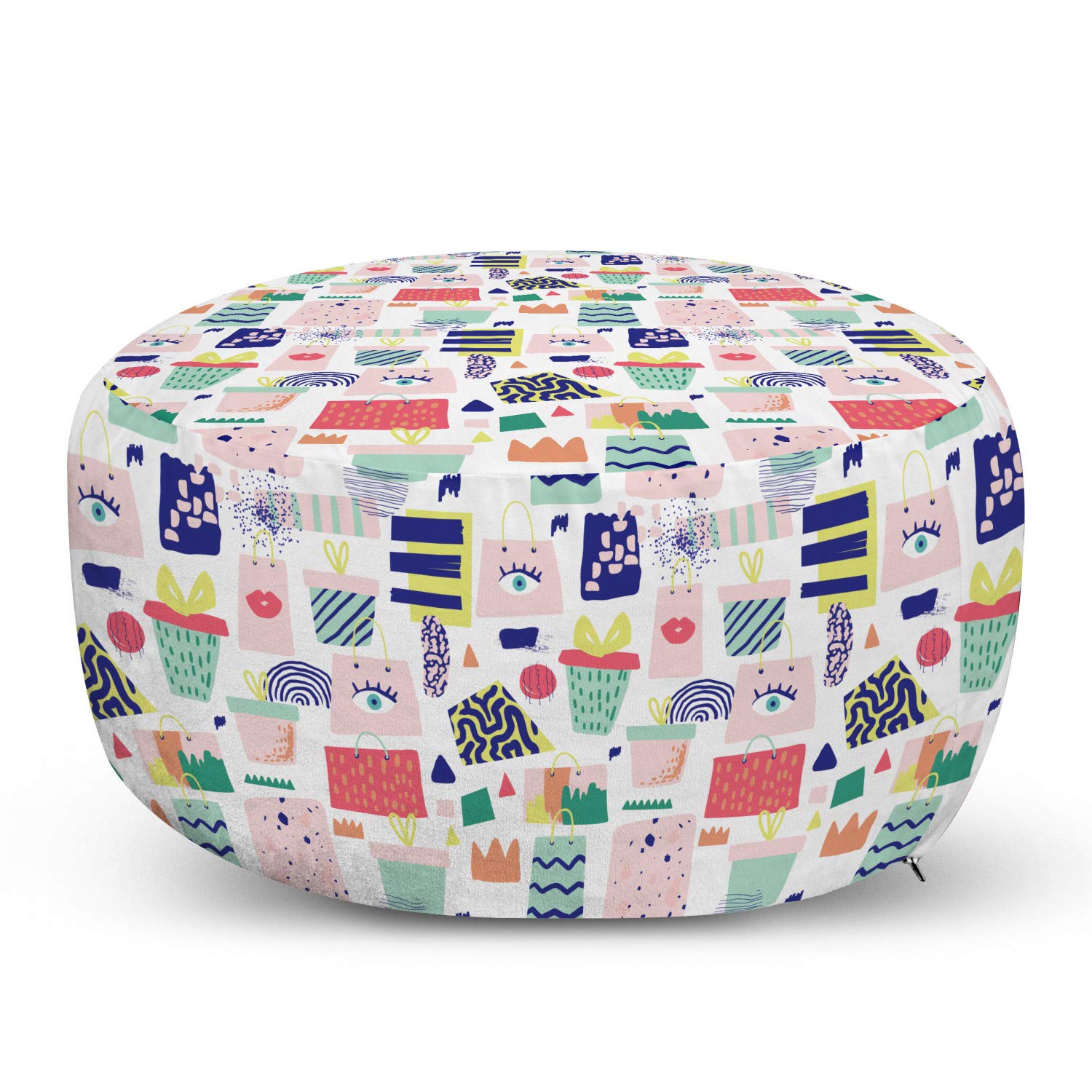 Ambesonne Modern Ottoman Pouf with Girly Lips Illustration - Soft Decorative Foot Rest with Removable Cover for Living Room & Bedroom - Multicolor Doodle Design - Perfect for Gift Boxes, Presents & Celebration Decor