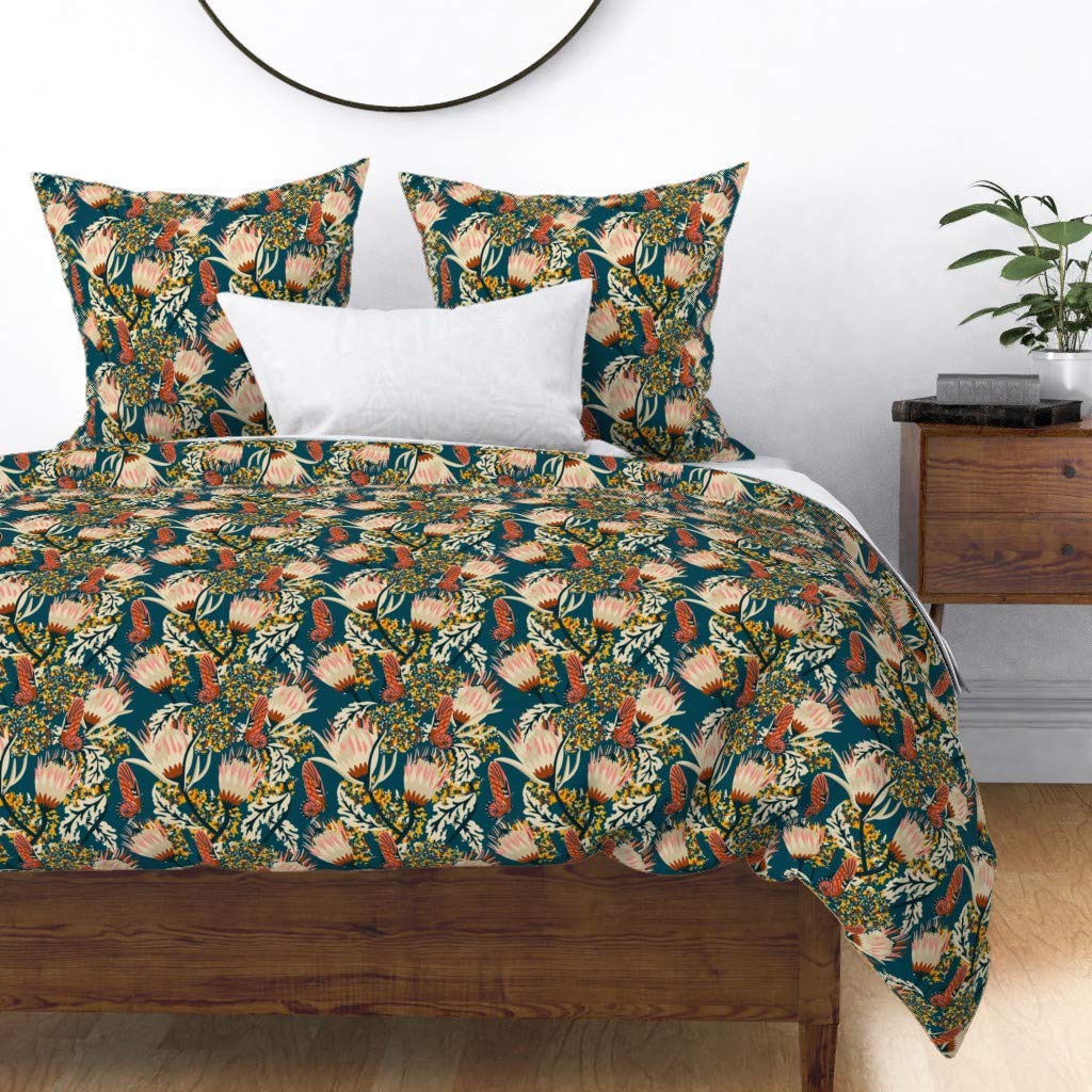 Custom Spoonflower Cotton Sateen Duvet Cover Full/Queen Size - Bohemian Floral Print with Protea Flowers & Butterflies in Blush Rust | Perfect for Bedroom Decor, Boho Chic Style & Gift Giving