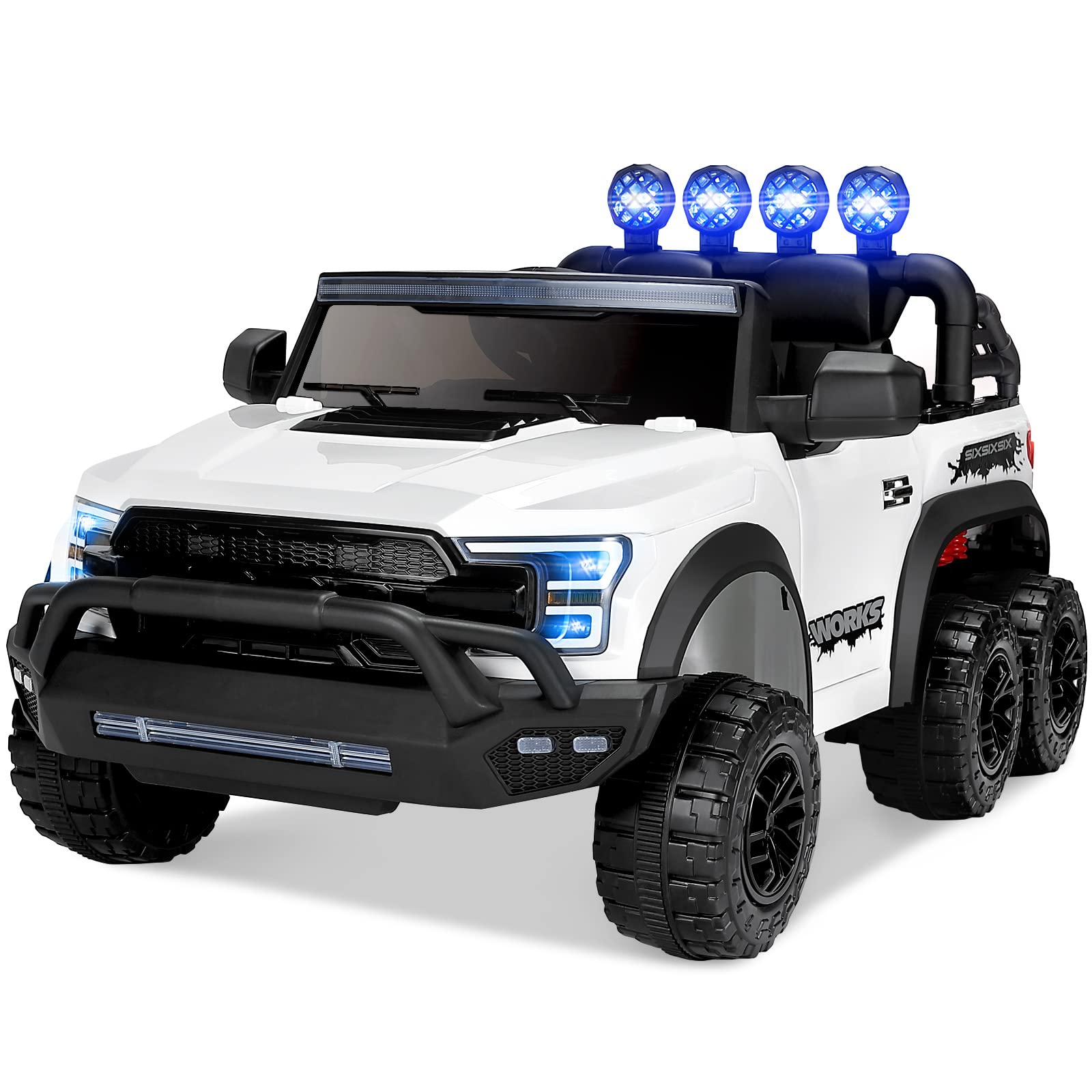 JOYLDIAS 12V 7AH Battery Powered Kids Ride On Car with 2.4G Remote Control - 6 Large Wheels, Spring Suspension, LED Lights & Music - White Electric Toy Truck for Boys & Girls | Perfect for Birthday Gifts, Outdoor Play & Backyard Fun