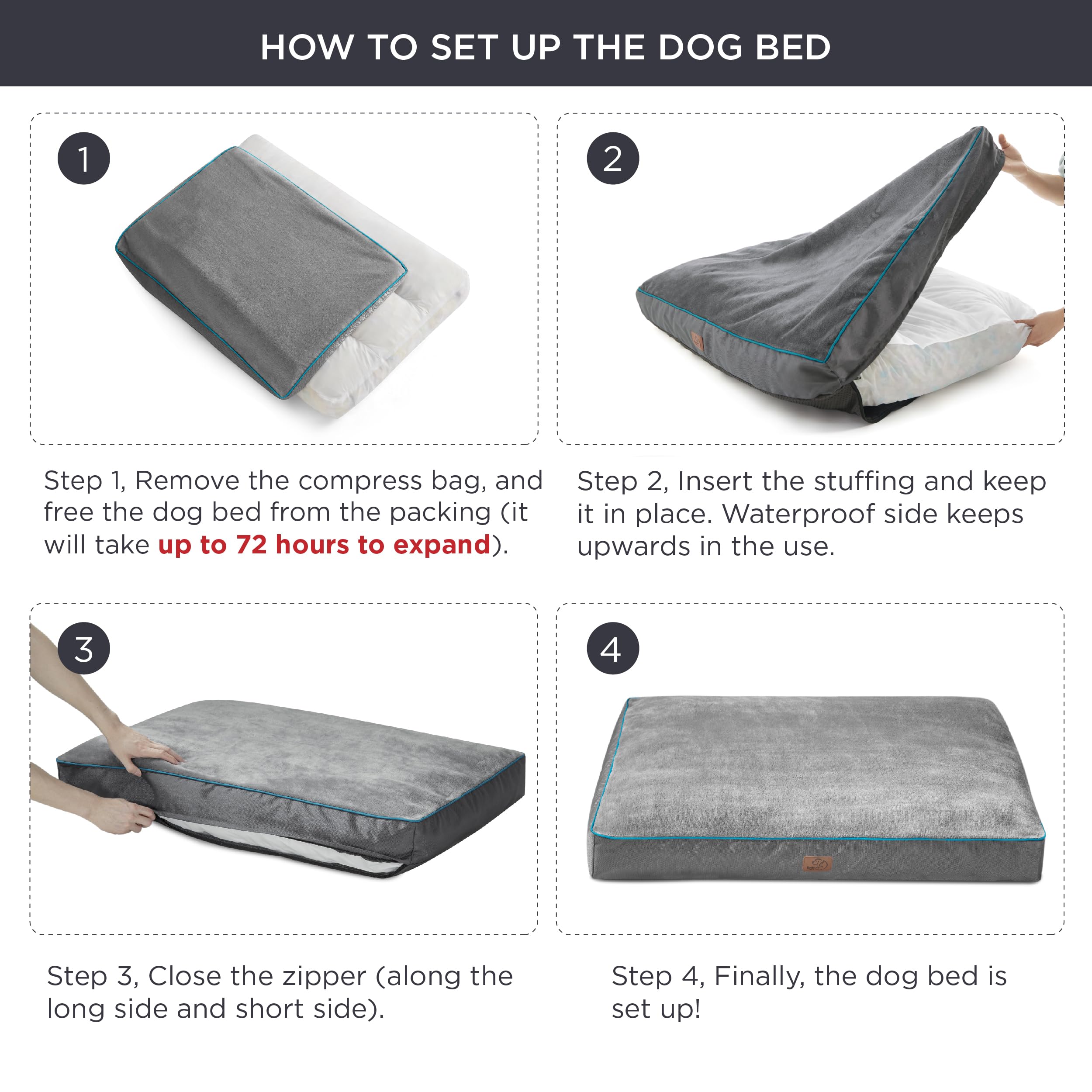 Bedsure Waterproof Dog Bed for Extra Large Dogs - 4 Inch Thick Orthopedic Support Pet Mat with Removable Washable Cover, Grey - Perfect for Large Breed Dogs Up to 100lbs in Living Room, Bedroom or Kennel