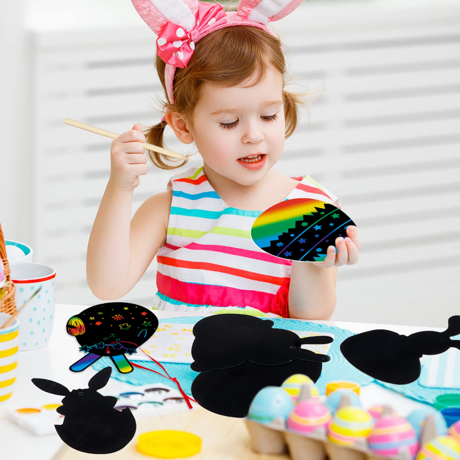 48 Pcs Easter Scratch Crafts for Kids - Bunny Rabbit Carrot Easter Egg Rainbow Scratch Paper Ornaments with Wooden Sticks & Ribbons | Easter Party Favors, Classroom Activities, DIY Art Projects for Children