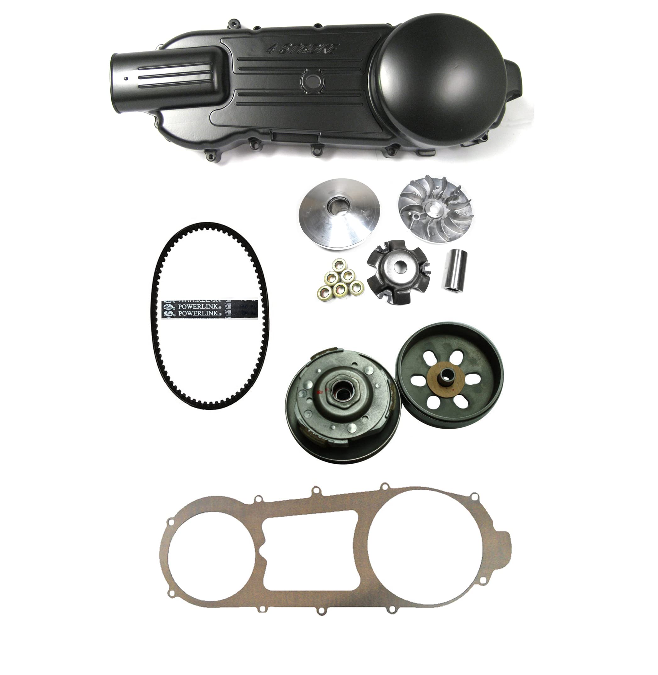GY6-150 (150cc) Long Case Crankcase Cover & Clutch Kit - Includes Black Crankcase Cover, Front Variator, Rear Clutch, Powerlink 842x20x30 Drive Belt & Gasket - Compatible with Scooters, ATVs & Go-Karts - Perfect for Engine Repair & Performance Upgrades