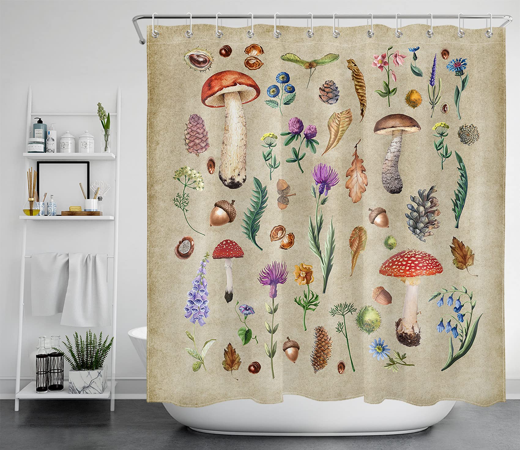 Rustic Mushroom & Wildflowers Shower Curtain - Vintage Beige Waterproof Fabric Bathroom Decor with Hooks, 72x78 Inches - Perfect for Farmhouse, Cottage & Boho Style Bathrooms