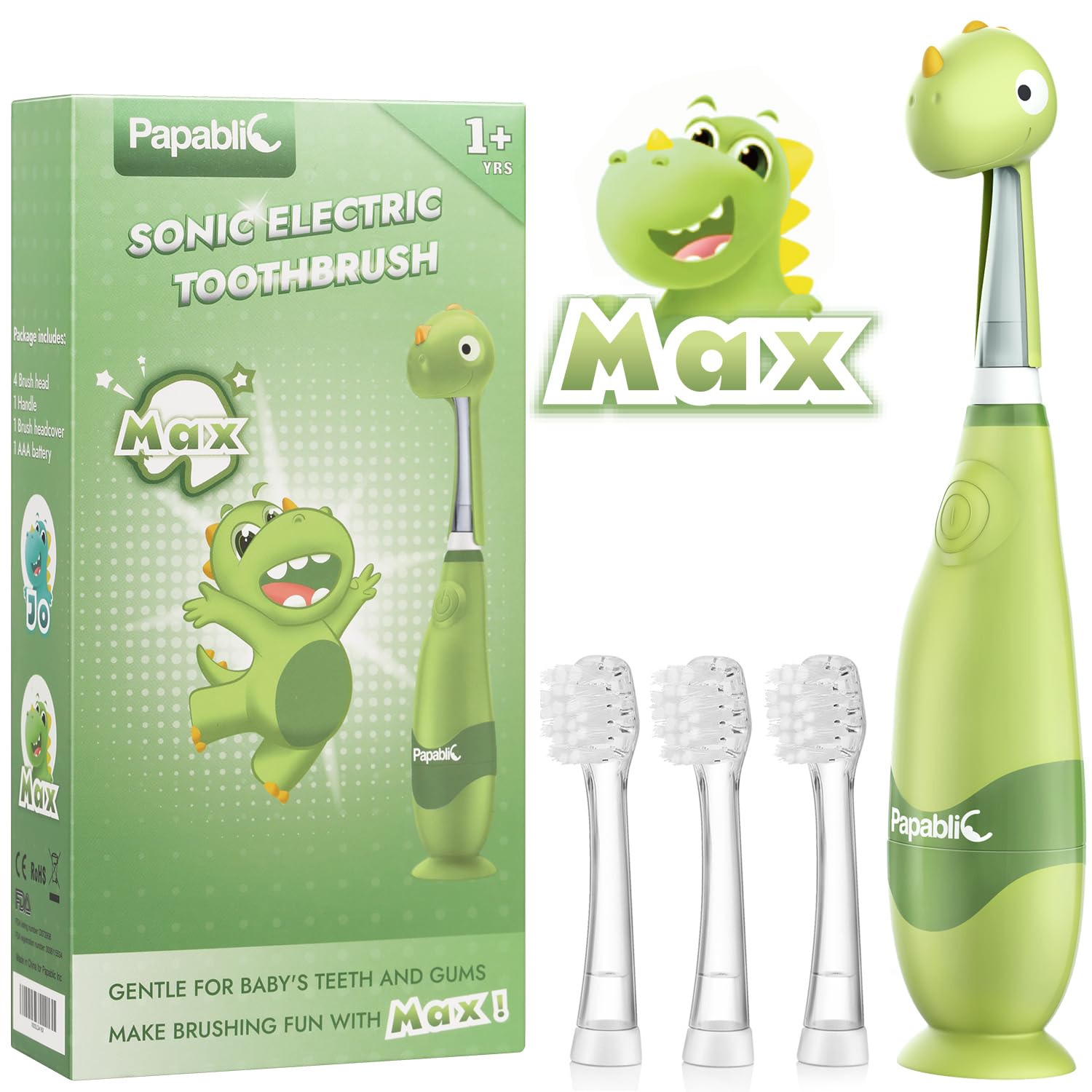**Papablic Sonic Electric Toothbrush for Toddlers Ages 1-3 – Kids Electric Toothbrush with Dinosaur Cover, Smart LED Timer & 4 Brush Heads – Gentle Cleaning for Baby Teeth – Perfect for Home & Travel Use**