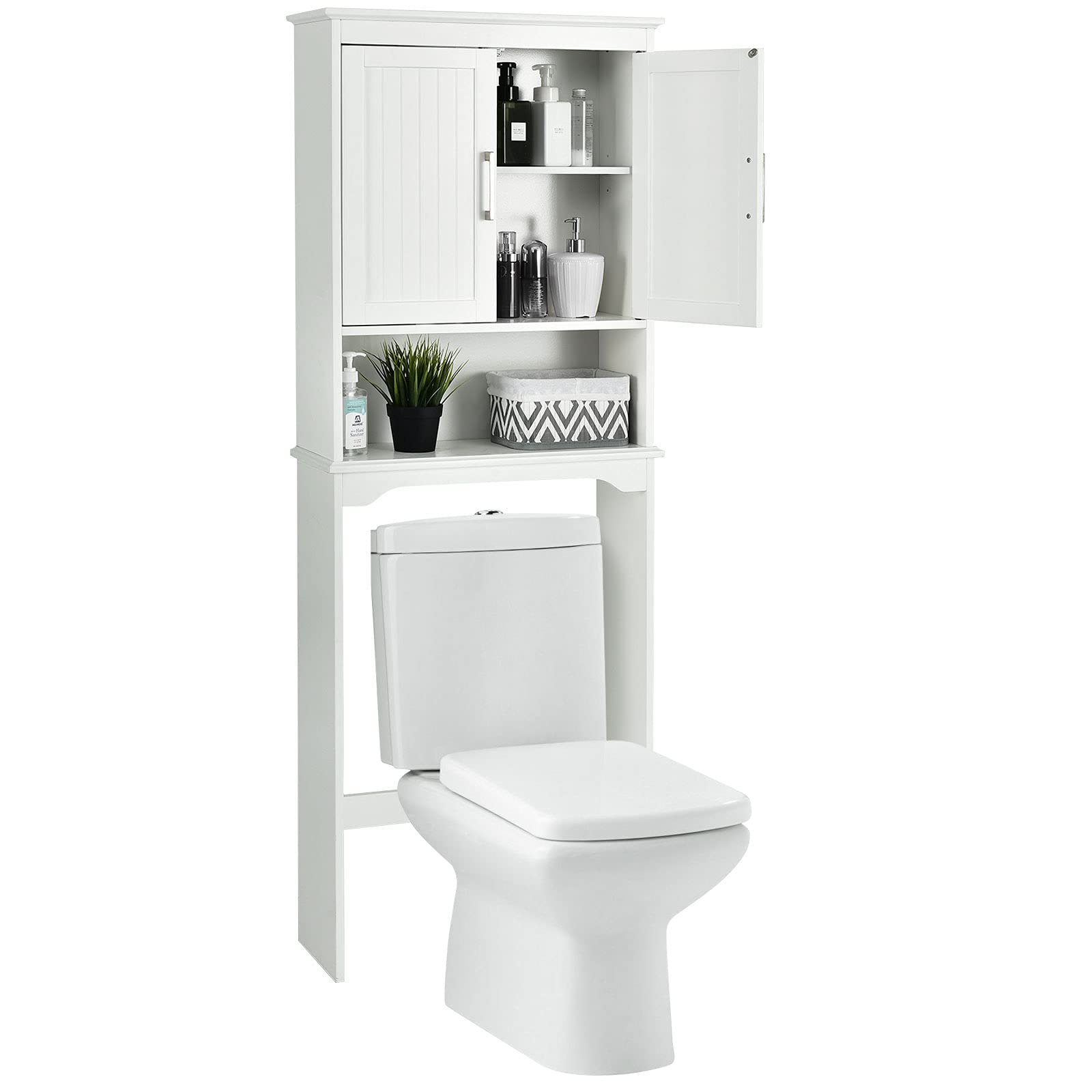 Over The Toilet Storage Cabinet - White Bathroom Organizer with Adjustable Shelves & Double Doors (25