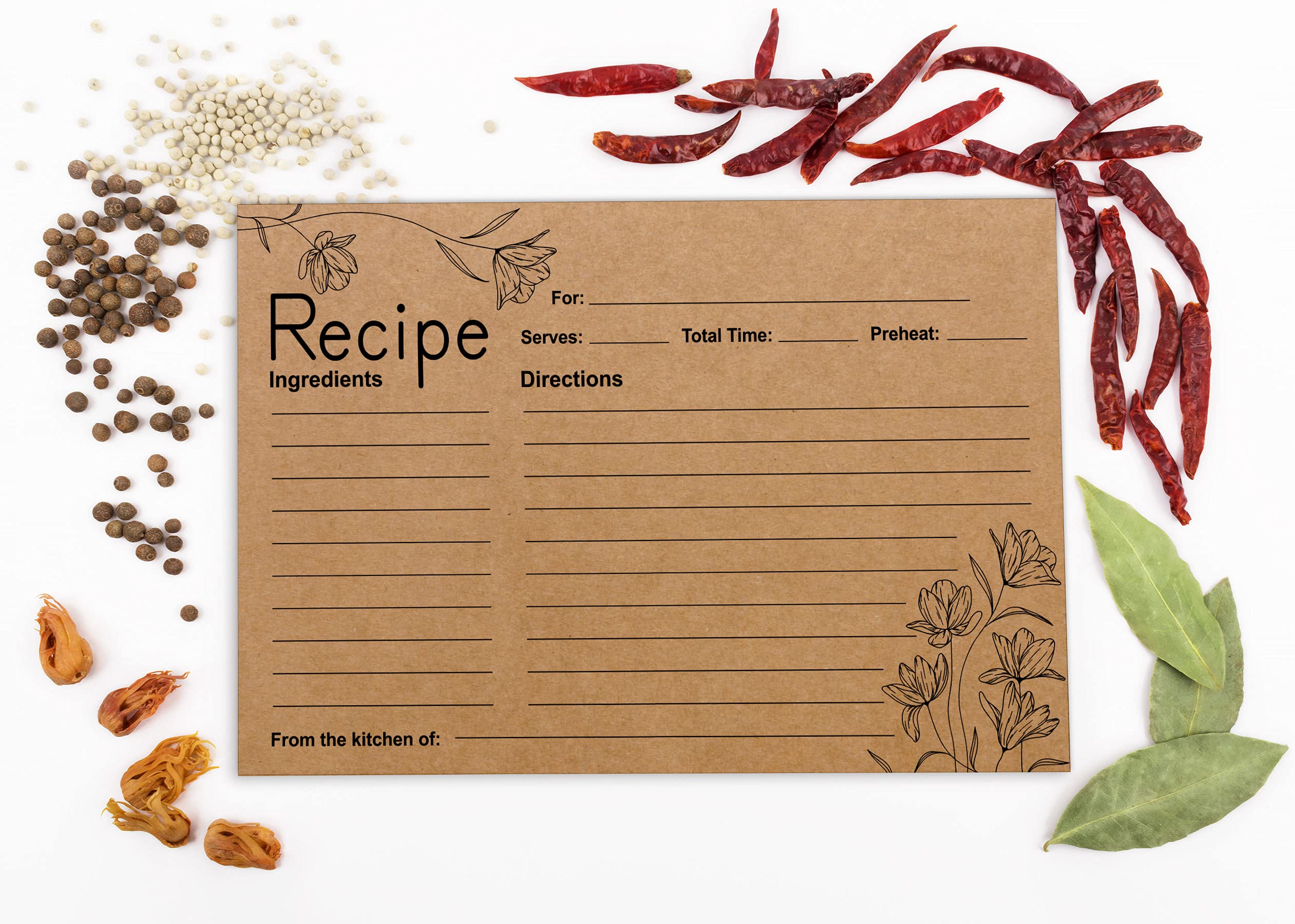 6x4 Inch Kraft Floral Recipe Cards - Single-Sided Wedding, Bridal & Baby Shower Recipe Design Cards - Pack of 50 - Perfect for DIY Recipe Books, Gift Giving & Party Favors