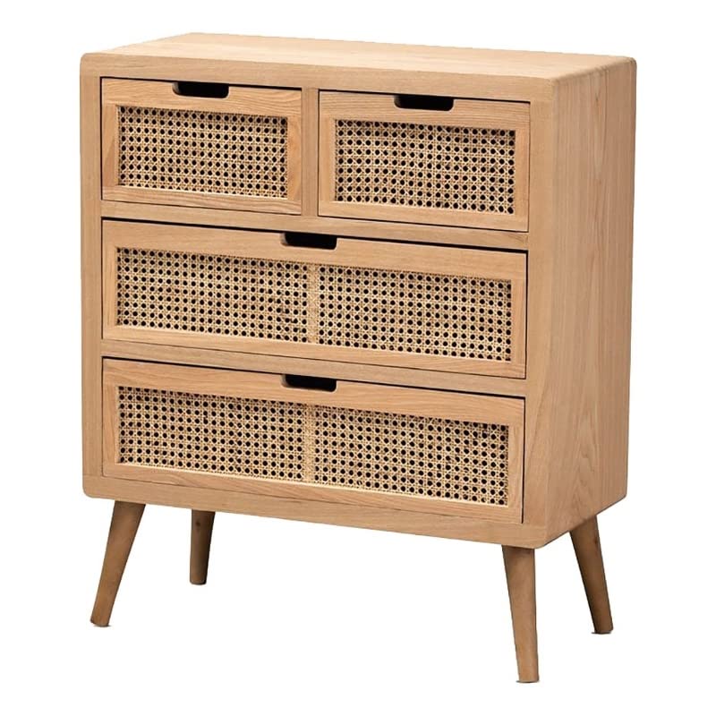 BOWERY HILL Mid-Century Modern 4-Drawer Wood and Rattan Accent Chest in Medium Oak - Stylish Storage for Bedroom, Living Room or Entryway