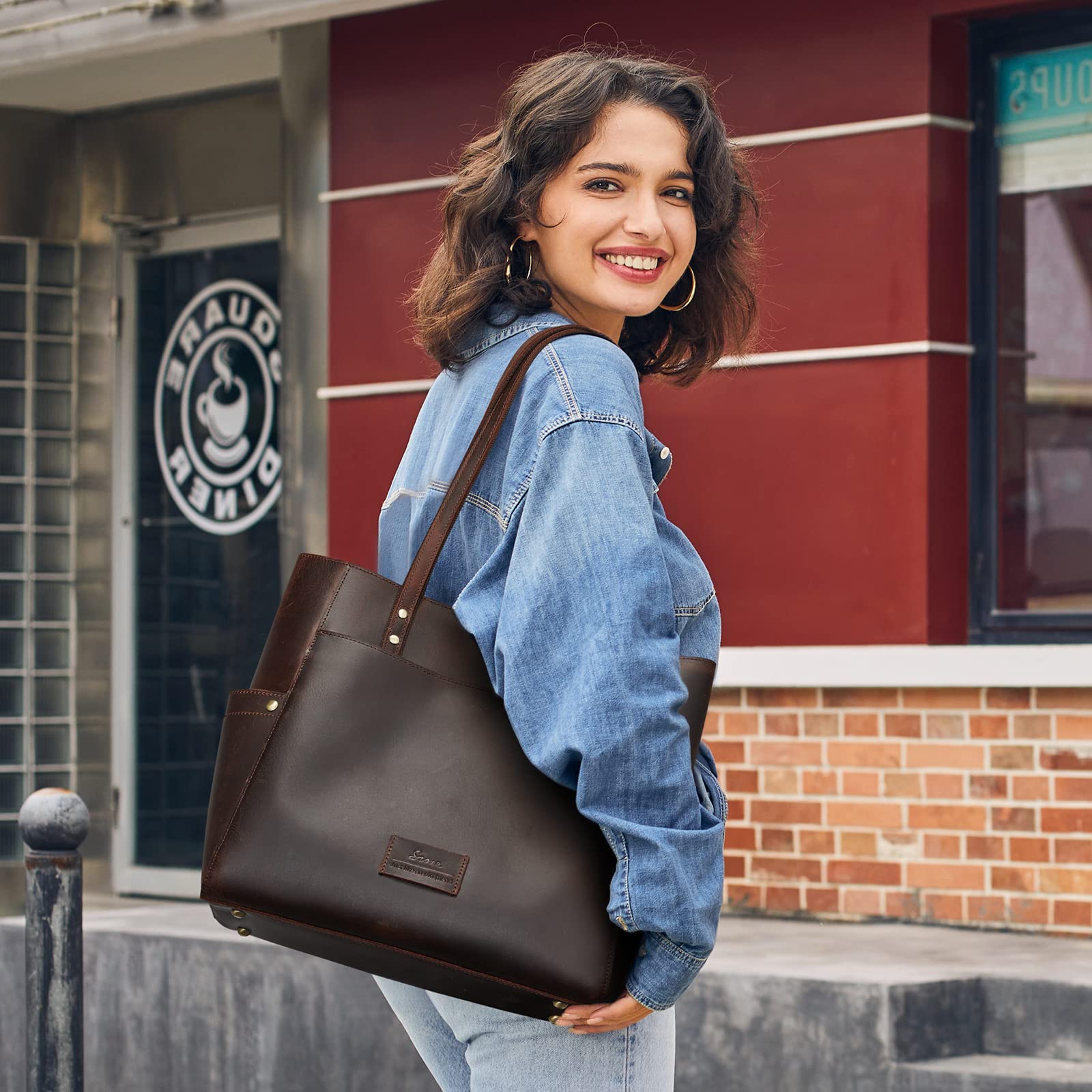 Genuine Leather Tote Bag for Women - Large Vintage Shoulder Purse - Work Bag, Office, Travel & Everyday Use