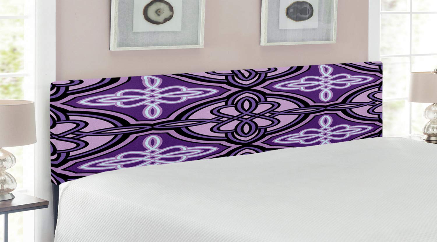 Ambesonne Celtic King Size Headboard - Unique Celtic Knot Design with Swirling Twisted Lines, Upholstered Metal Bed Frame with Memory Foam in Violet Lilac - Perfect for Bedroom Decor & Guest Room Makeover