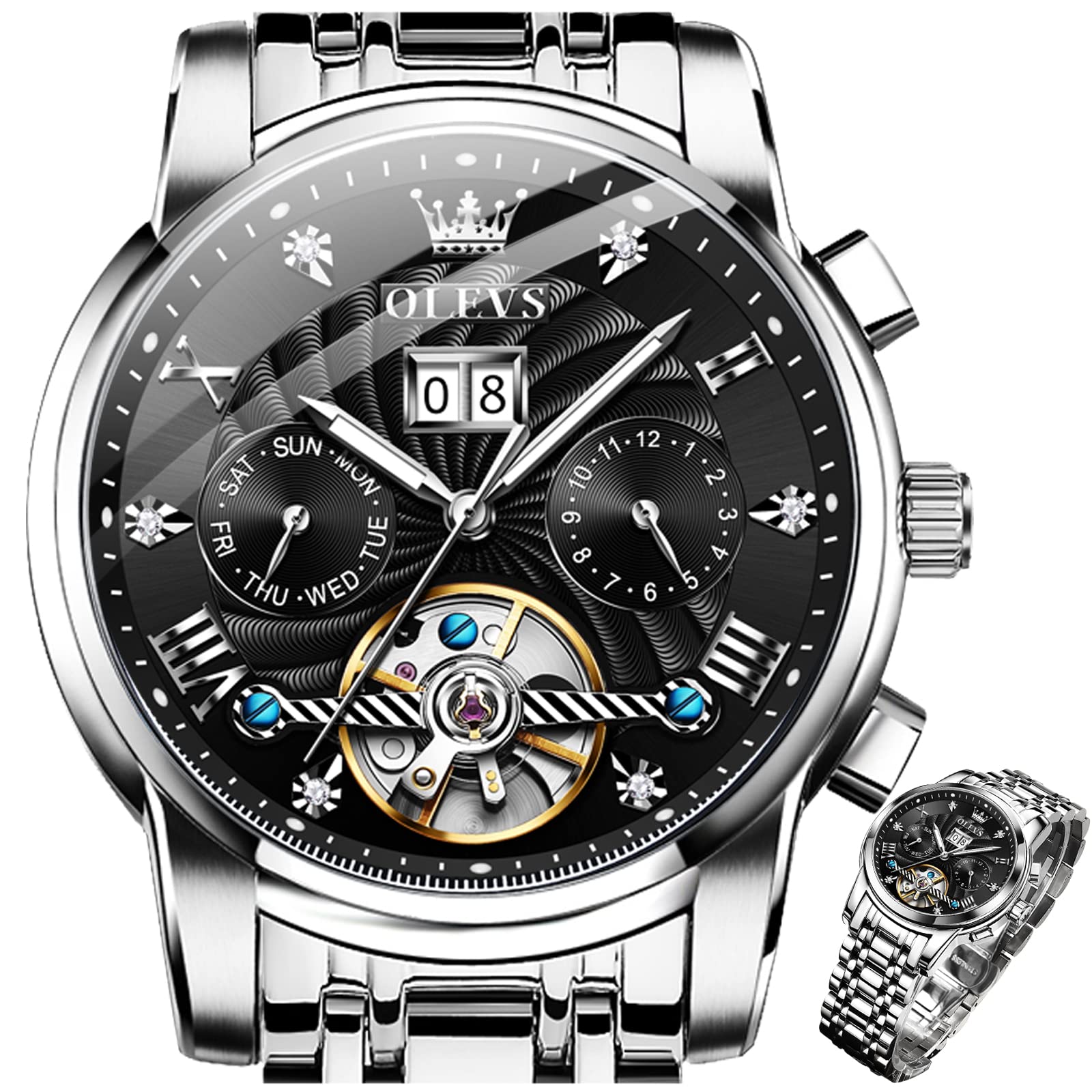 OLEVS Men's Automatic Skeleton Watch - No Battery Mechanical Tourbillon Waterproof Dress Watch with Luminous Hands & Date Display - Perfect for Business, Formal Events & Gifts