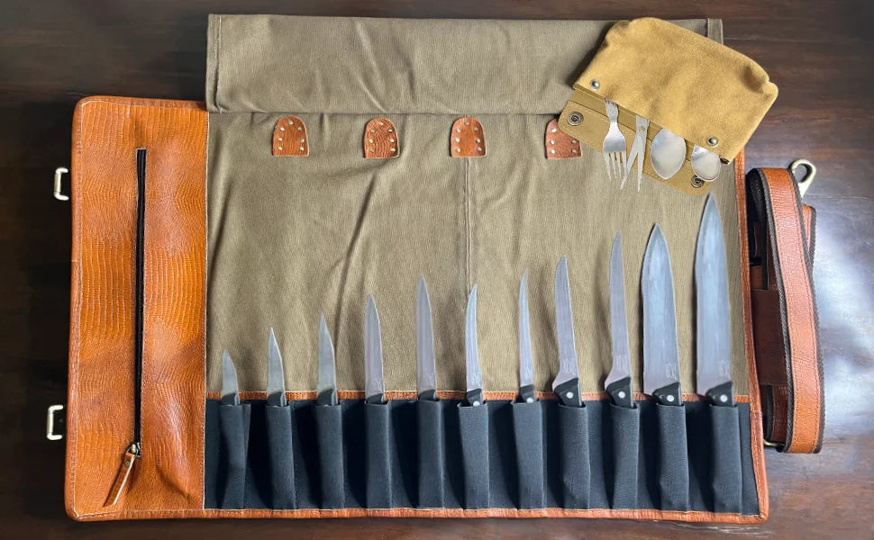 Premium Leather & Canvas Knife Roll Storage Bag for Chefs - Rust Brown - Perfect for Professional Kitchens, Culinary Schools & Home Cooking