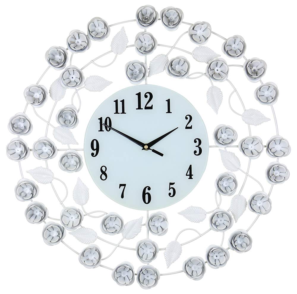 Elegant 21 Inch Round Wall Clock with White Flowers - Perfect for Living Room, Bedroom & Office Decor | Silent Non-Ticking Modern Home Clock
