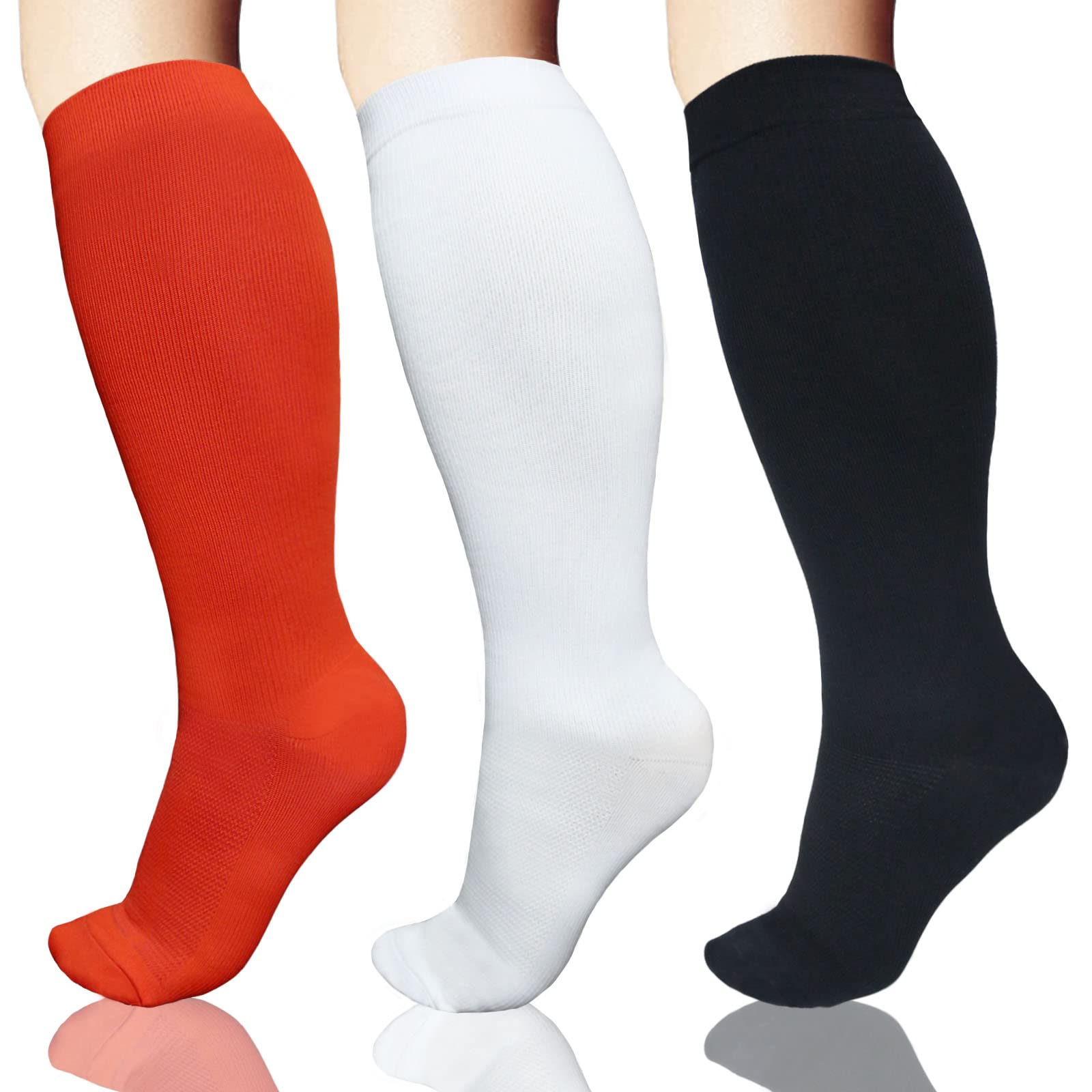 3 Pairs Plus Size Compression Socks 20-30 mmHg for Women & Men - Black, White, Red Knee High Support Socks - Wide Calf XXL XXXL - Ideal for Travel, Nursing & Varicose Vein Relief
