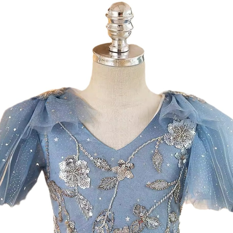 Elegant Baby Blue Sequined Long Dress for Toddlers - Sparkling Party Gown for Girls, Birthday, Pageant & Special Occasions