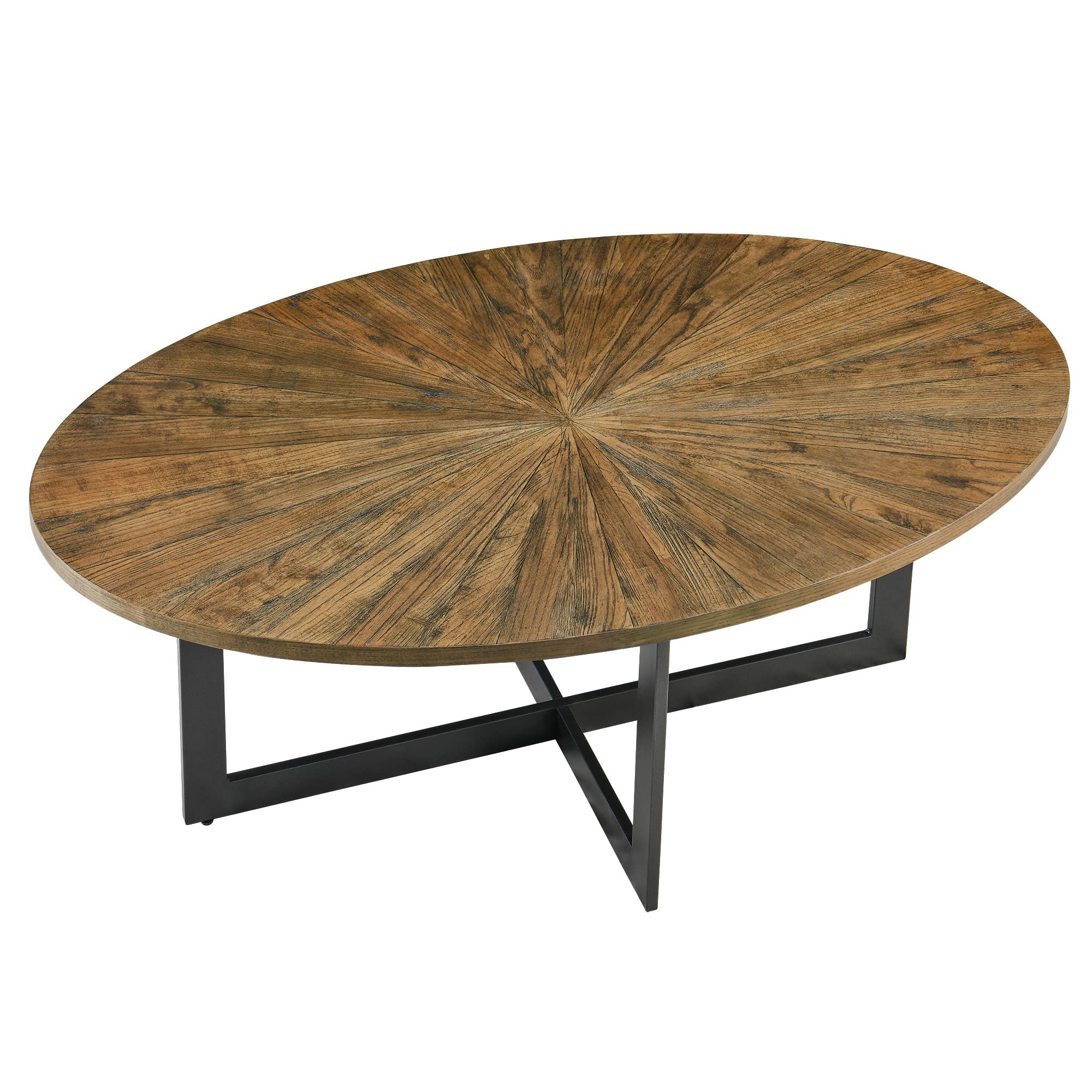 Solid Wood Oval Coffee Table with Cross Metal Legs - 47.9