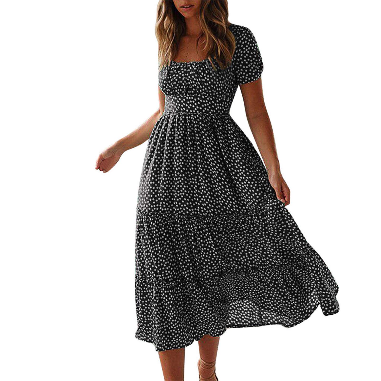 Little Neck Sexy Puff Sleeve Floral Print Daisy Dress for Women - Black Party & Holiday Wear - Perfect for Cocktail Parties, Date Nights & Summer Vacations