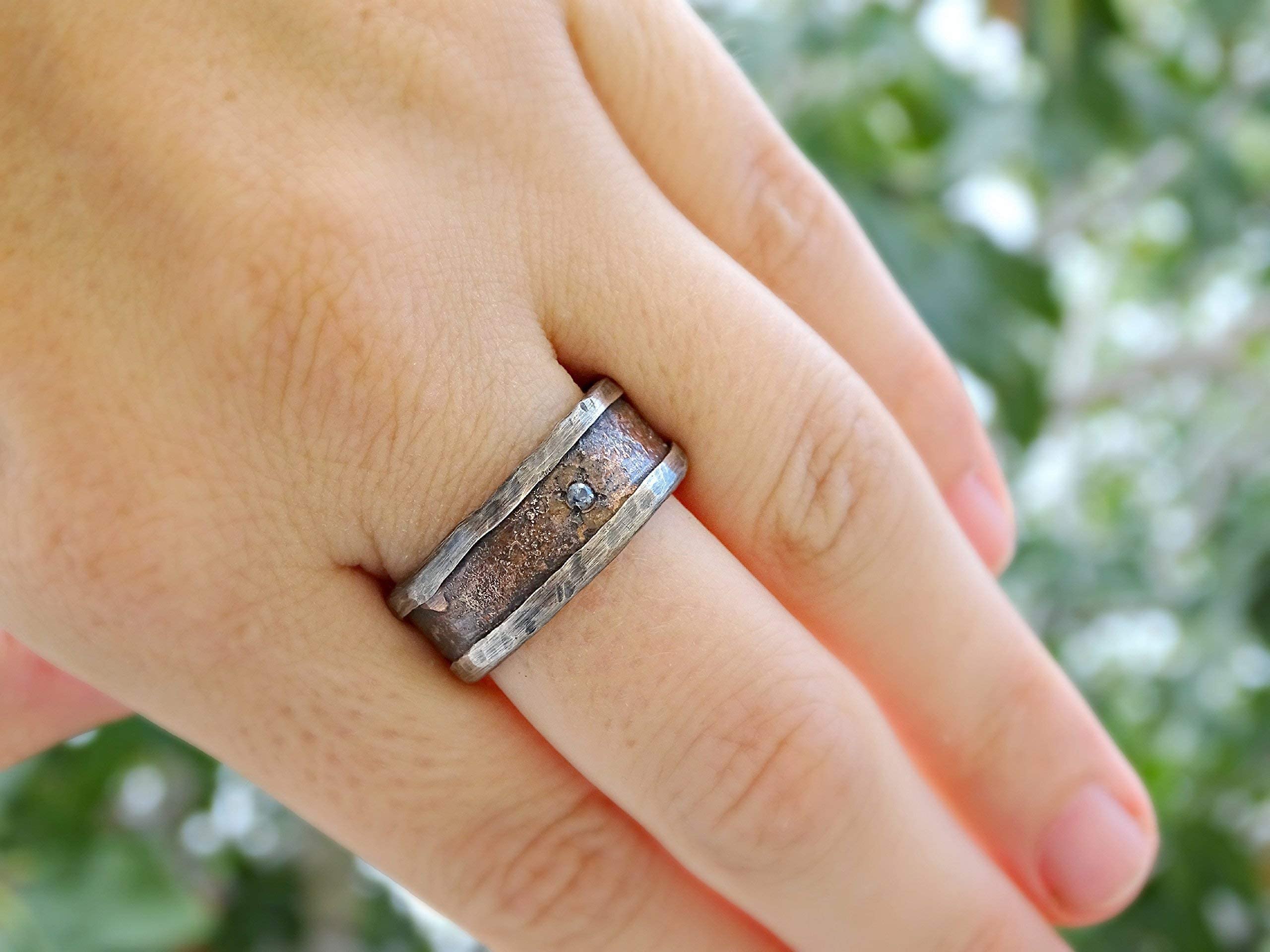 Unique Silver Bronze Men's Ring - Personalized Raw Gemstone Engagement & Wedding Band - Rustic Big Size Birthstone Ring for Men - Perfect for Gifts, Proposals, and Everyday Wear