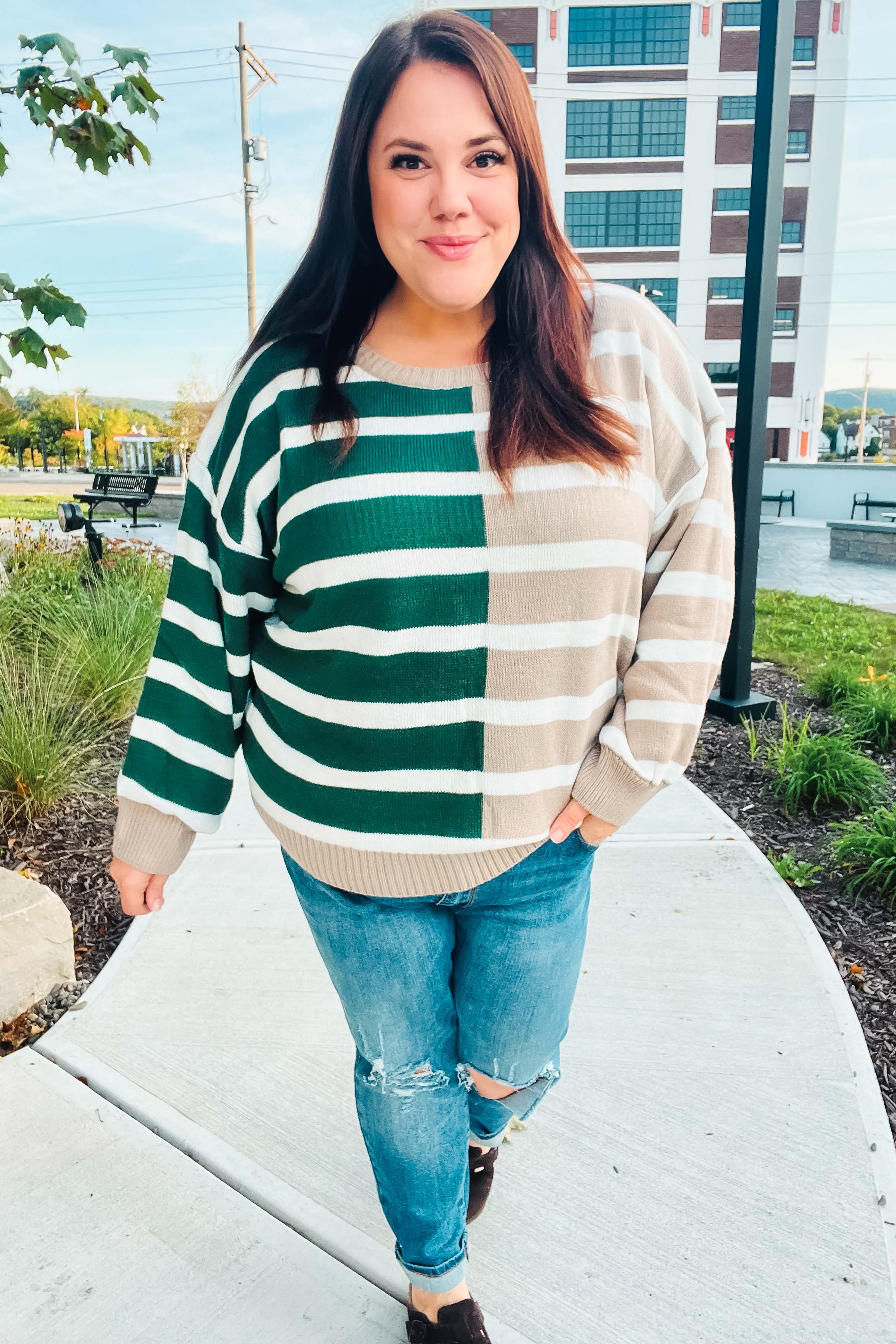 Hunter Green & Taupe Striped Color Block Sweater for Women | Cozy Knit Pullover | Fall Winter Fashion | Casual Office Wear & Weekend Outfits