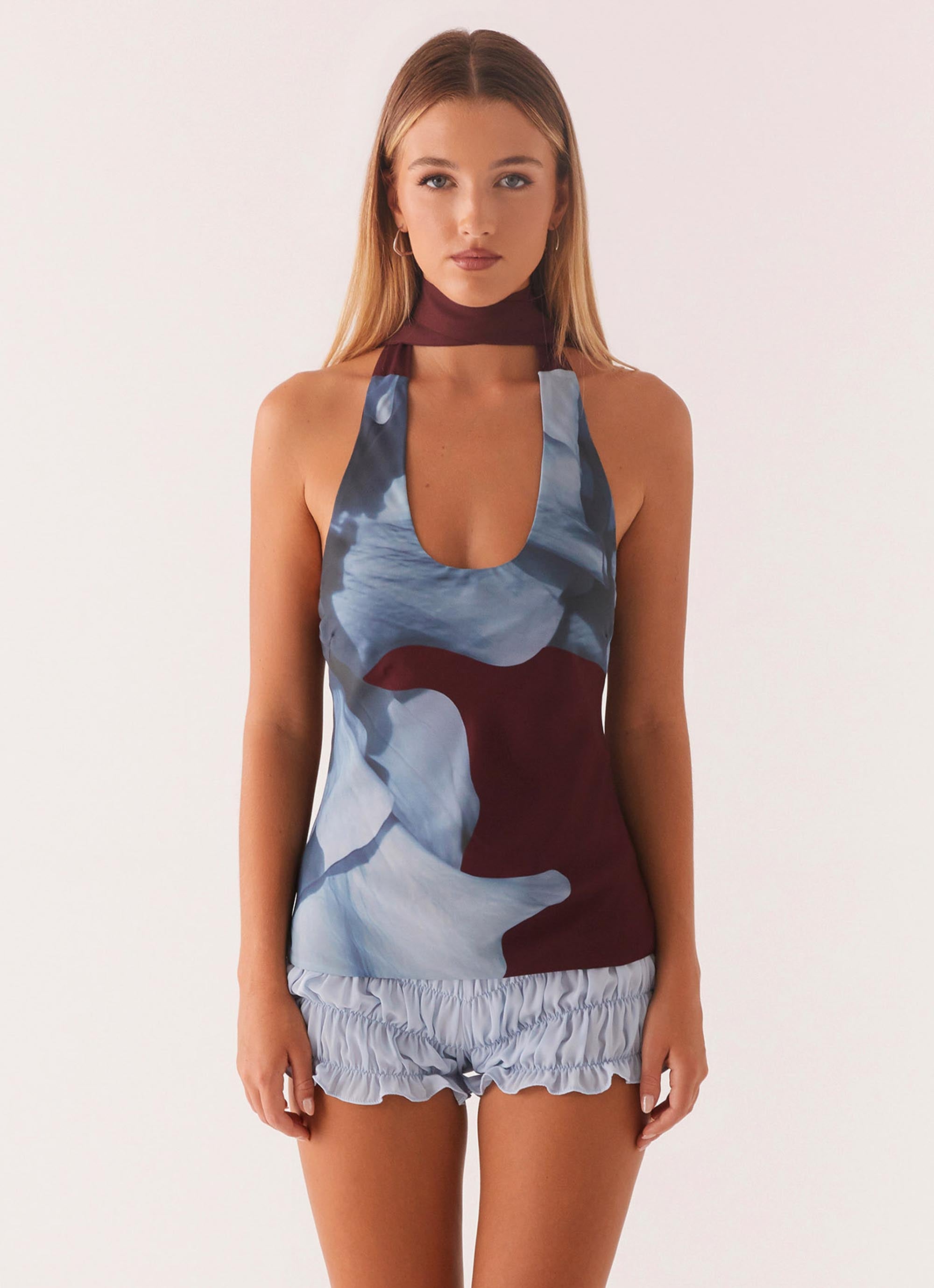 Catarina Halter Top Women's Fashion Maroon Print Floral Summer Blouse - Perfect for Beach Outings, Vacations, and Casual Wear