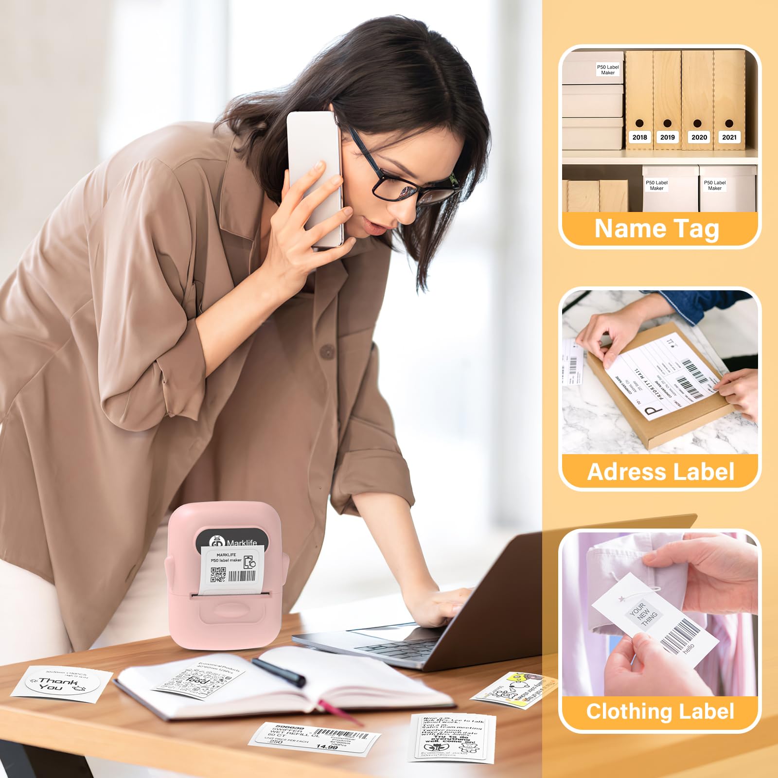 MARKLIFE Bluetooth Label Maker Machine - Portable Thermal Barcode Printer for Address, Clothing, Jewelry & Retail | Home Office & Small Business Organizing Tool (Pink + 2 Free Label Tapes Included) | Perfect for Shipping, Inventory & Craft Organization
