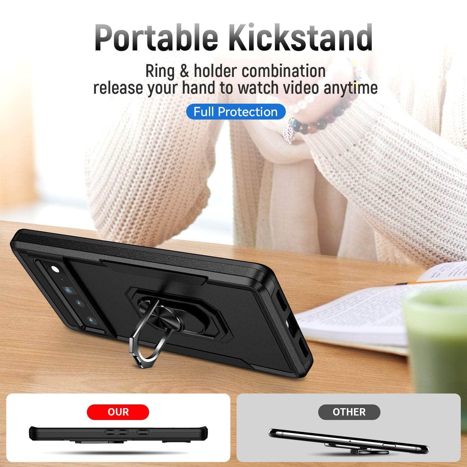 Heavy Duty Ring Bracket Case for Google Pixel 6 Pro - Shockproof Protective Phone Cover with Kickstand for Hands-Free Viewing, Gaming & Video Calls