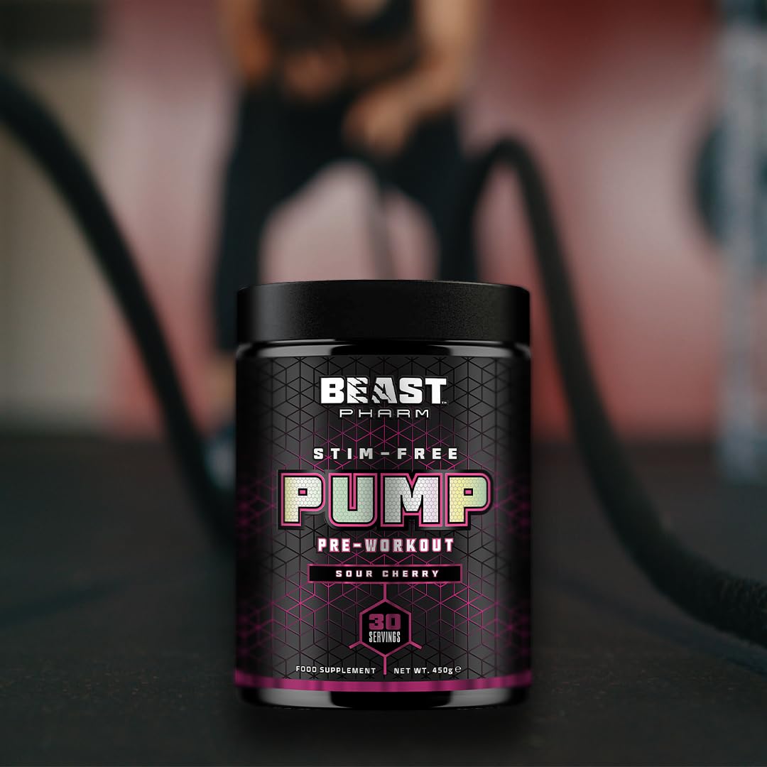 Beast Pharm STIM FREE PUMP Pre Workout Powder - 450g Sour Cherry Flavor | Non-Stimulant Muscle Pump Formula for Gym & Bodybuilding | Pre-Workout Supplement for Strength Training & Endurance