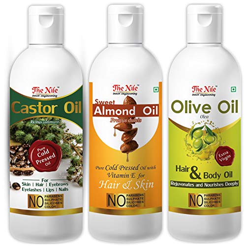 Premium Castor Oil, Sweet Almond Oil & Olive Oil Combo Set - 3 x 100ml (300ml Total) for Hair Growth, Skin Care & Massage Therapy - Natural Oils for Healthy Hair, Moisturizing Skin & Relaxation