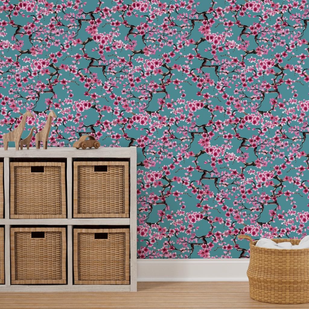 Peel & Stick Removable Wallpaper 12ft x 2ft - Turquoise Pink Floral Japanese Tree Design | Self-Adhesive Wall Decal for Bedroom, Living Room, Nursery & Office Decor