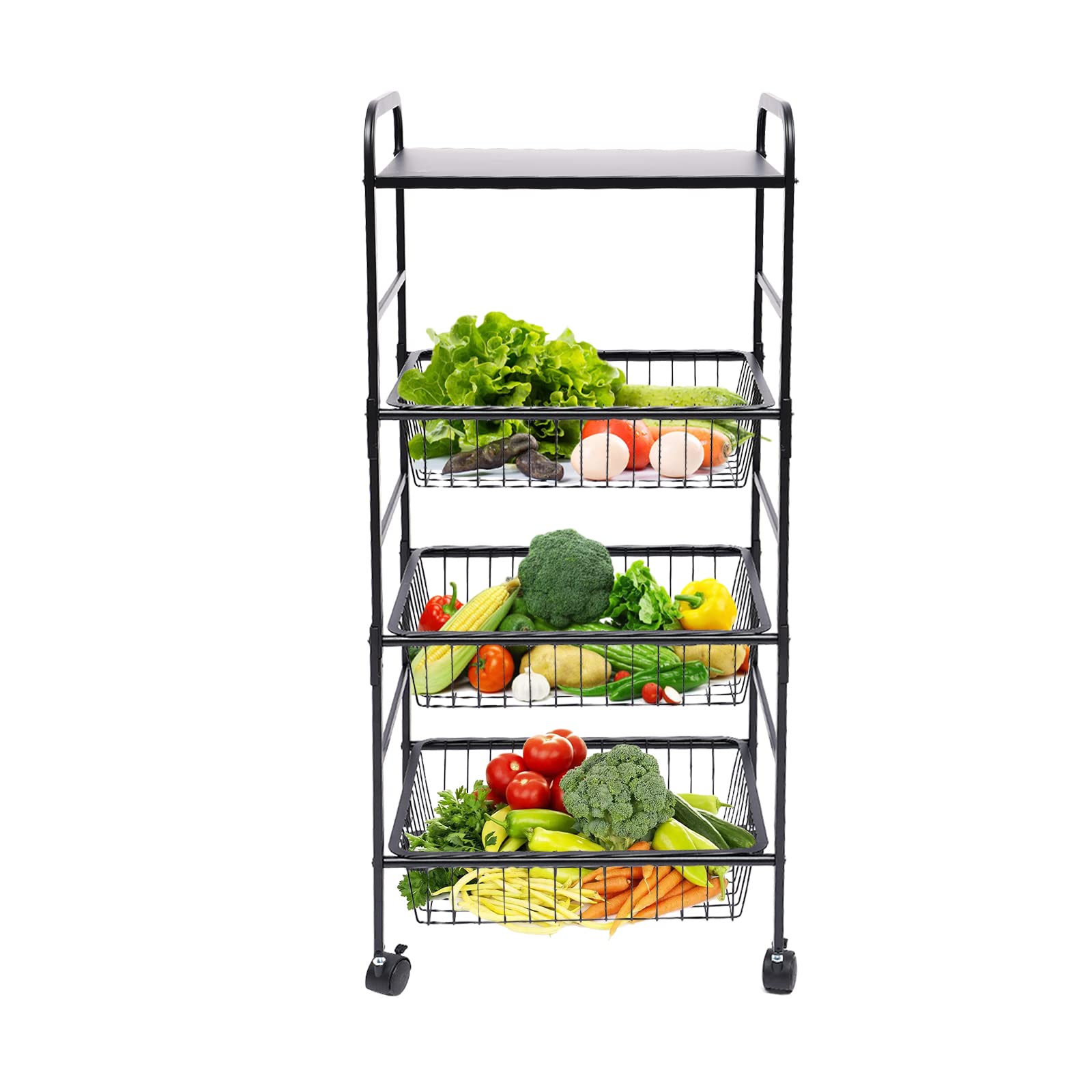 4-Tier Rolling Kitchen Cart with Wire Baskets - Metal Storage Organizer for Fruits, Vegetables & Snacks - Mobile Utility Rack for Living Room, Bedroom & Pantry - Perfect for Meal Prep, Grocery Storage & Home Organization (Gdrasuya10)