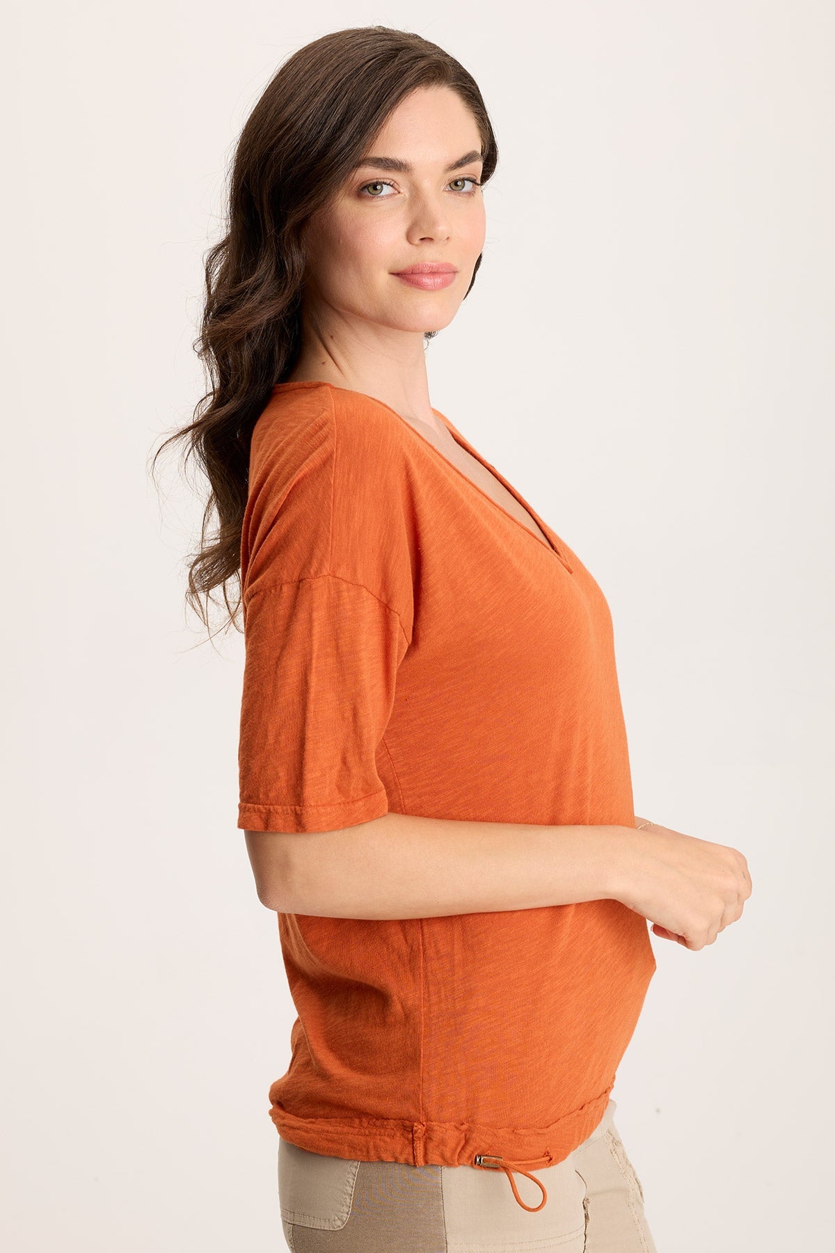 Rajni Women's V-Neck Cinchable Hem T-Shirt - Casual Stretch Fit Tee for Everyday Wear, Work & Outfits