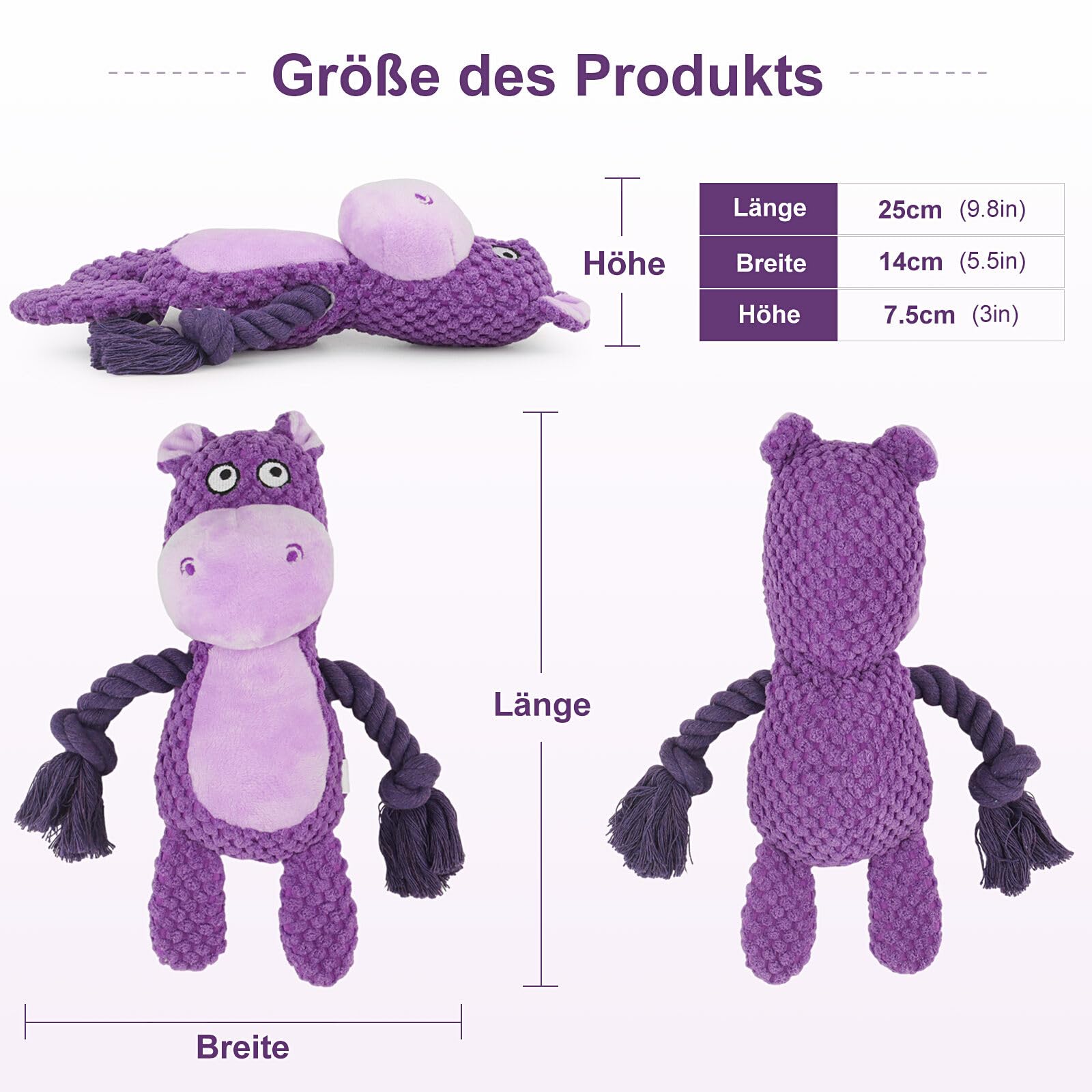 Durable Dog Chew Toys with Squeaker & Crinkle Paper - Interactive Plush Stuffed Animal & Cotton Rope Puppy Toys for Small & Medium Dogs - Purple Hippo Design - Perfect for Playtime, Training & Teething Relief