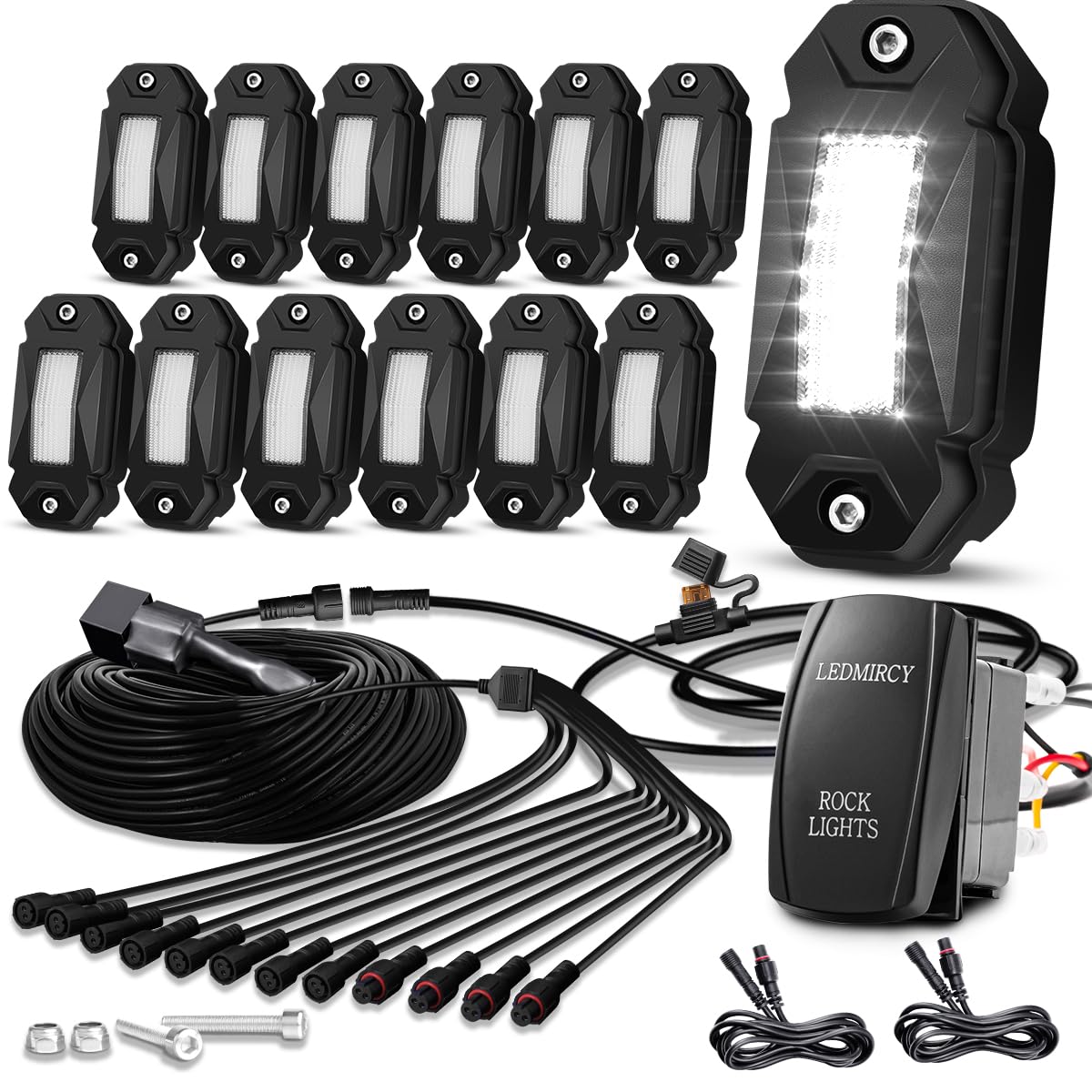 R2 Pure White Rock Lights Kit - 12PCS LED Offroad Underglow Lights with Roker Switch & Wire Harness for Truck, ATV, UTV, SUV | Waterproof High Power Trail Rig Lighting for Night Off-Roading & Custom Vehicle Styling