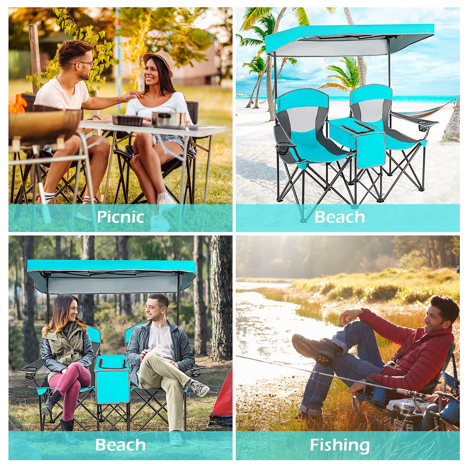 Goplus Double Beach Chair with Canopy Shade - Folding Lawn & Camping Chair with Sunshade, Mini Table, Beverage Holder & Carrying Bag - Perfect for Outdoor Travel, Hiking, Fishing, Poolside & Backyard Relaxation (Lake Blue)