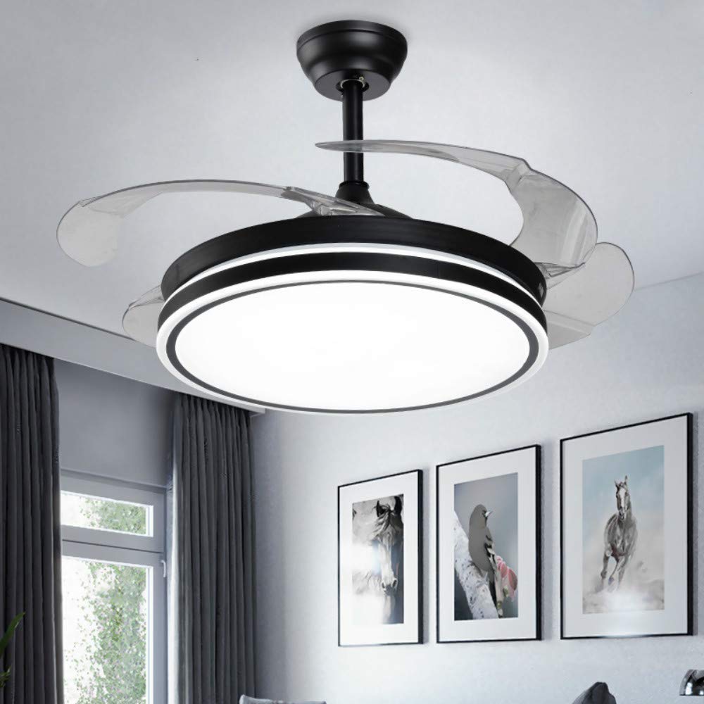 42 Inch Black Modern Invisible Ceiling Fan with Light - Retractable Blades, Remote Control, LED Chandelier Fan for Living Room, Bedroom & Indoor Spaces - Energy Efficient Cooling & Stylish Lighting Solution