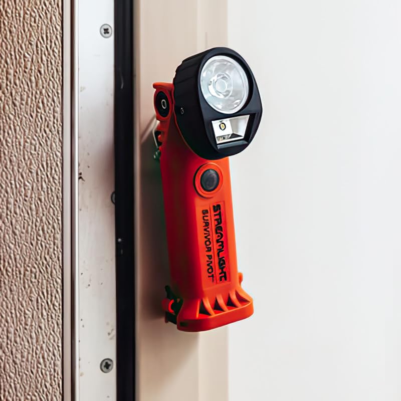 Streamlight 91830 Survivor Pivot 325-Lumen Rechargeable Flashlight - Dual Beam, Right Angle, Magnetic Base & Clip - AC/DC Charging (120V/100V/12V) - Orange Safety Light for Emergency, Camping & Work Scenes