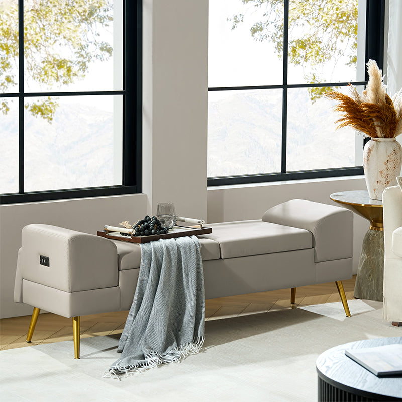 Gaston Entryway Bench - Scratch-Resistant Vegan Leather with Built-in USB Charging Port - Perfect for Hallway, Living Room & Bedroom Storage