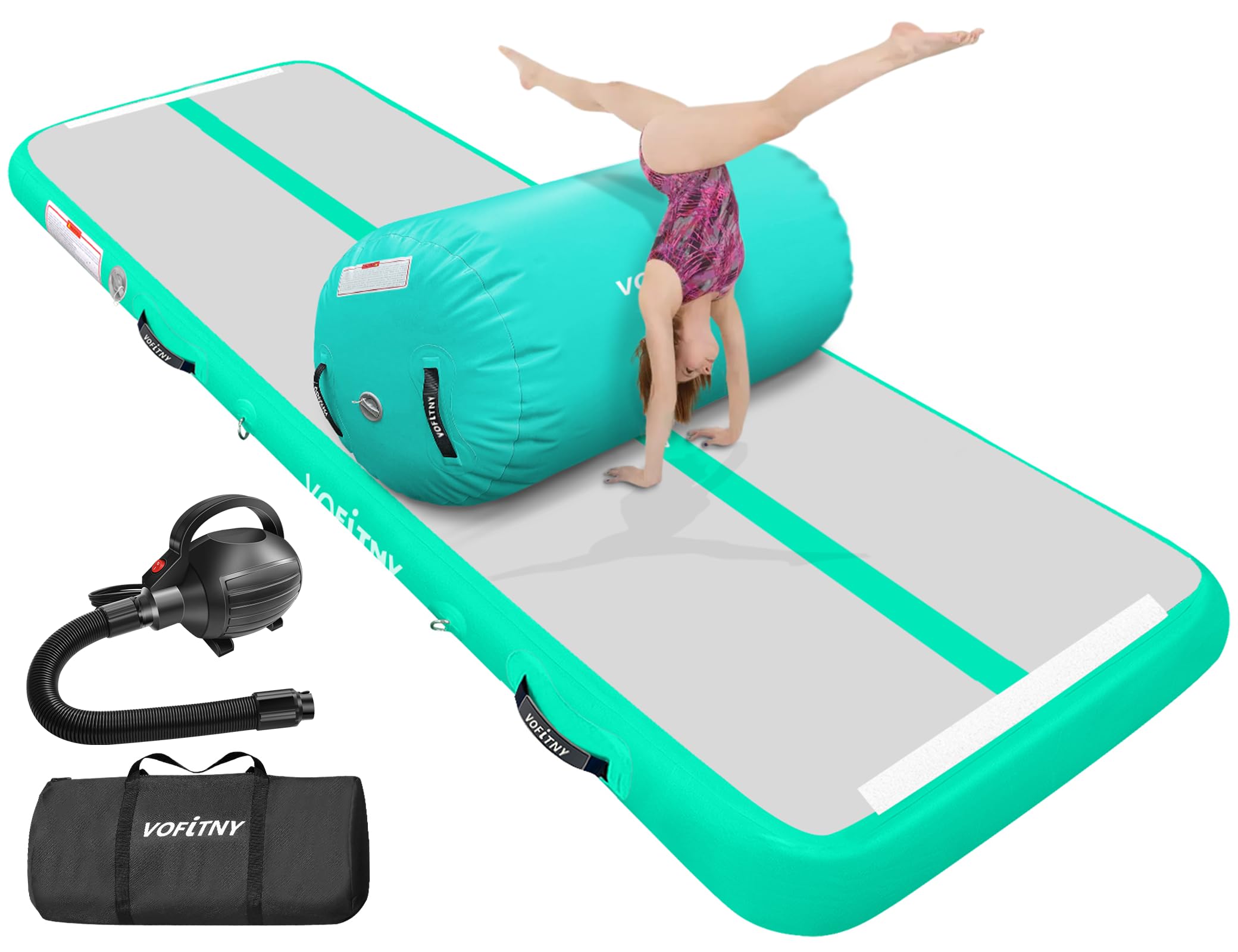VOFiTNY 10ft Inflatable Gymnastics Air Mat with 4'L x 2.5'D Air Barrel - Portable Tumble Track for Home, Gym & Backyard Training | Perfect for Kids, Adults & Cheerleading Practice